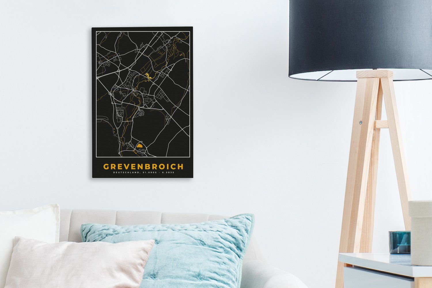 St), OneMillionCanvasses® bespannt fertig Stadtplan - Karte, 20x30 - Leinwandbild - inkl. Karte Grevenbroich Gemälde, (1 - Leinwandbild cm Zackenaufhänger, Deutschland