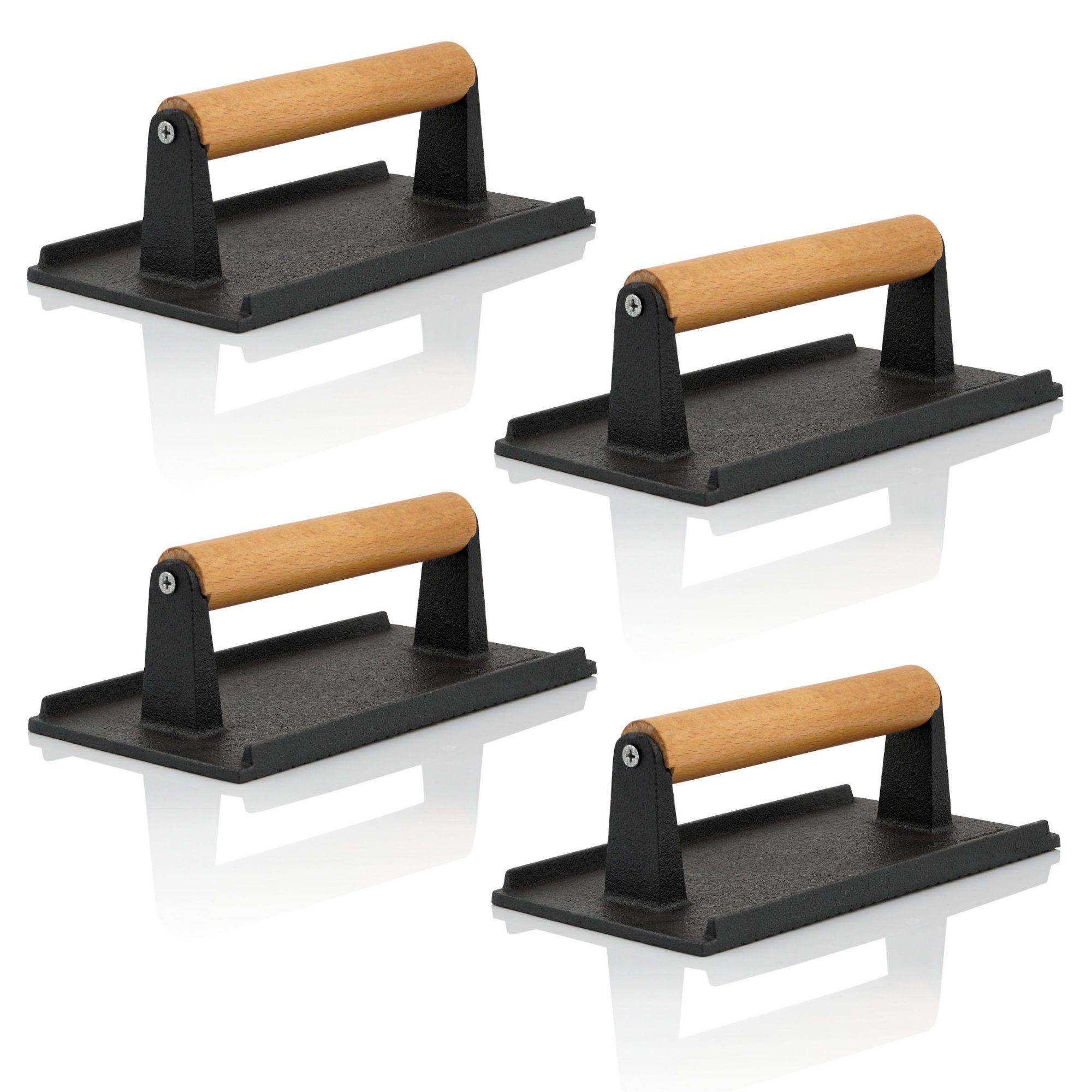 BBQ-Toro Burgerpresse 4er Set Fleischbeschwerer, Gusseisen, 1 kg Grillgewicht mit Holzgriff (4 St), Gusseisen