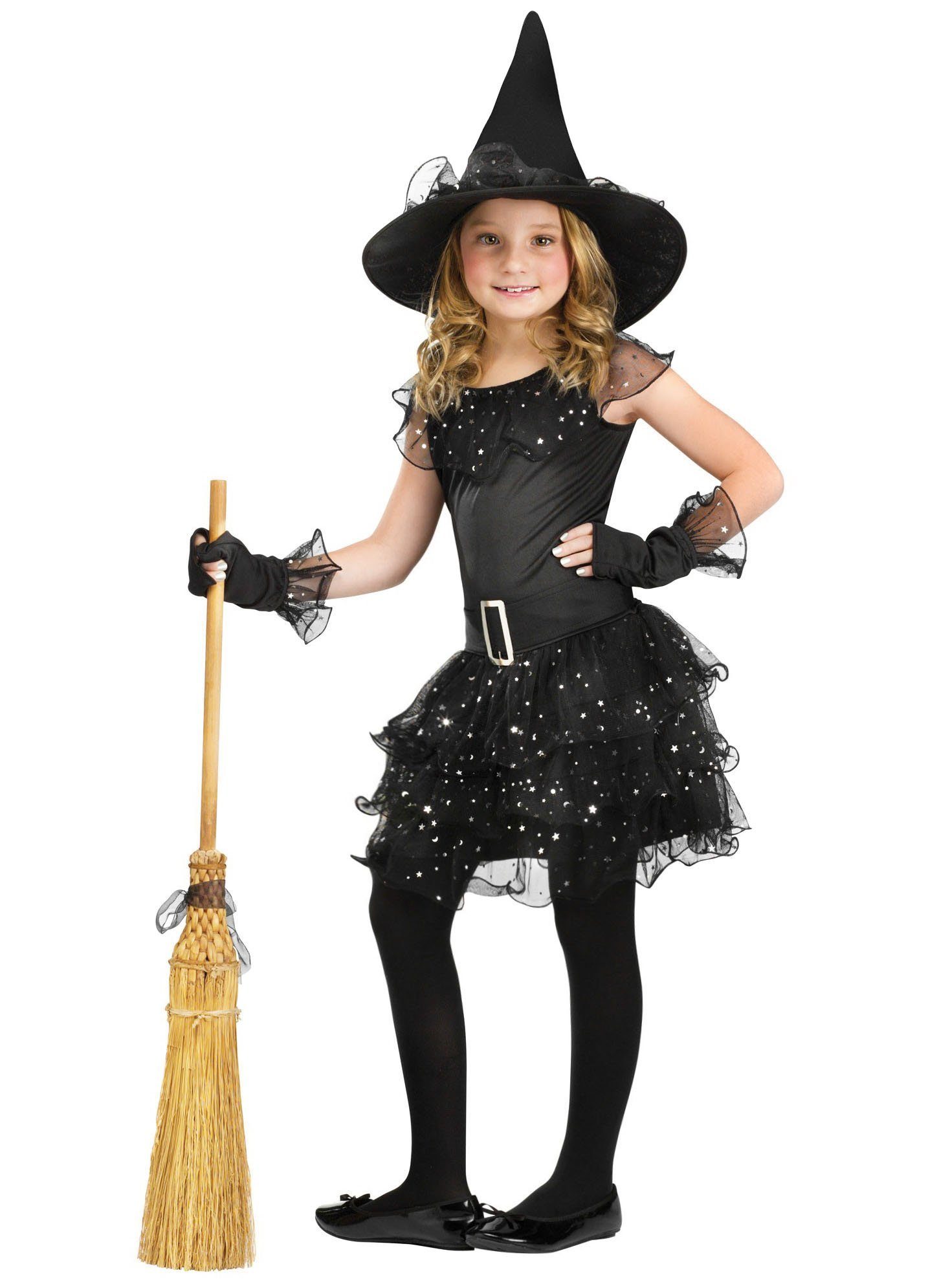 Fun World Kostüm Sternen Hexe Kostüm für Halloween und Karneval, Zauberhaftes Glitzer Hexen Kostüm für Mädchen
