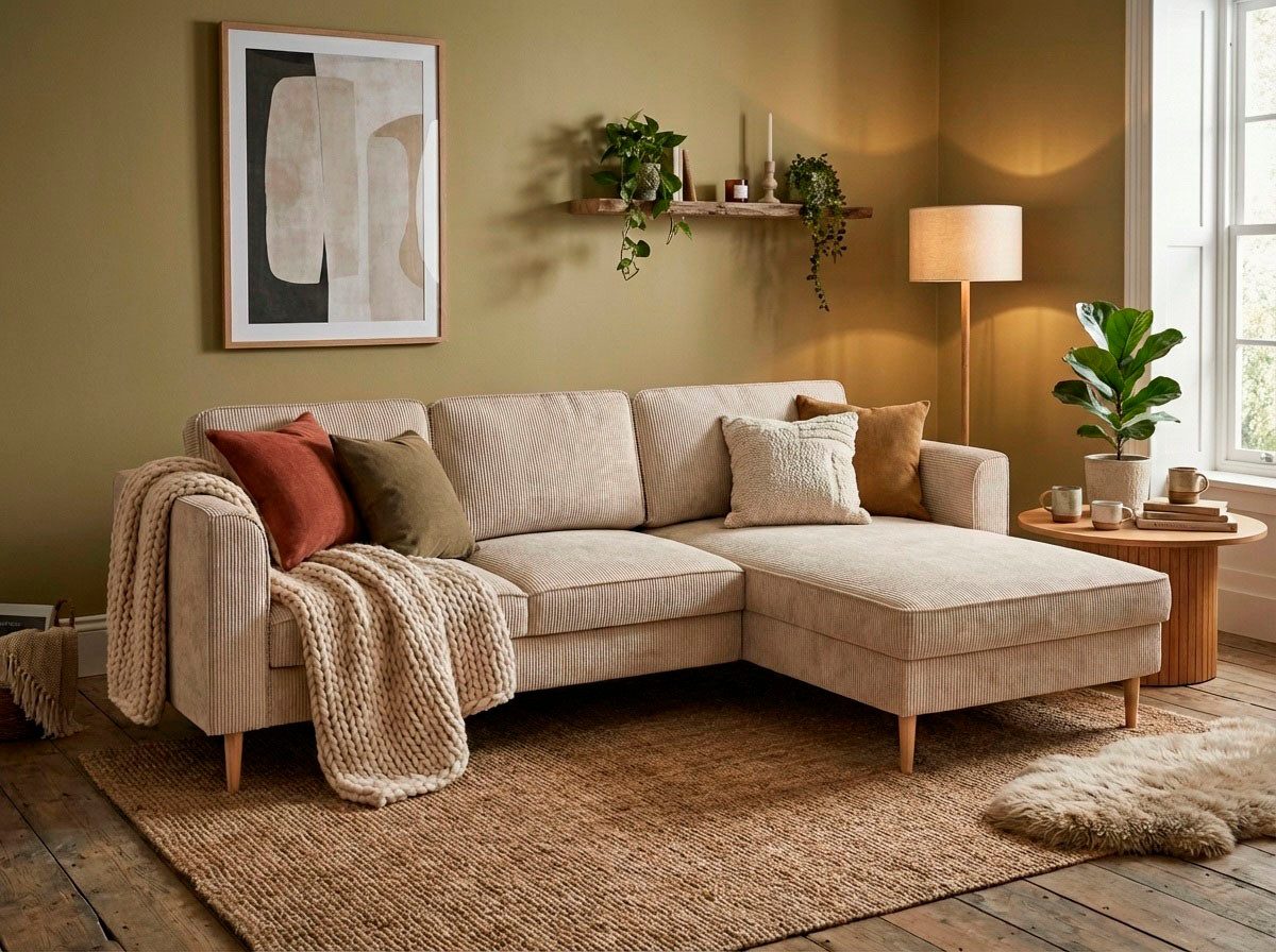 Home affaire Ecksofa Booster, whlw. mit Schlaffunktion & Bettkasten, Fuß Buche lackiert, Recamiere beidseitig montierbar, L-Form, in Cord & Struktur, B: 232 cm