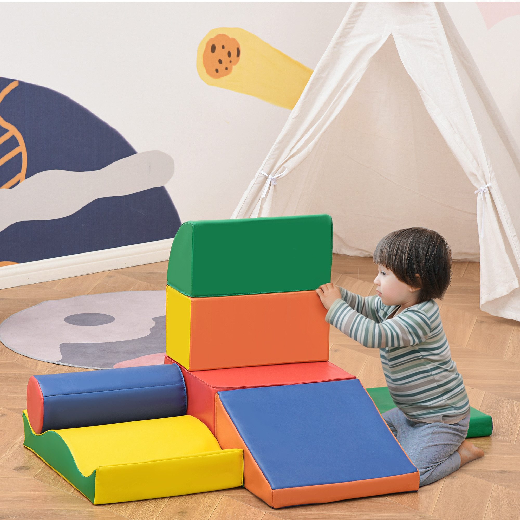 HOMCOM Schaumstoff Bausteine Toben & Klettern Bauspielzeug Schloss-Set Spielbausteine, (weiche Bauklötze, 7 St., Riesenbausteine), für Kinderzimmer und Kindergarten, Kunstleder, Bunt