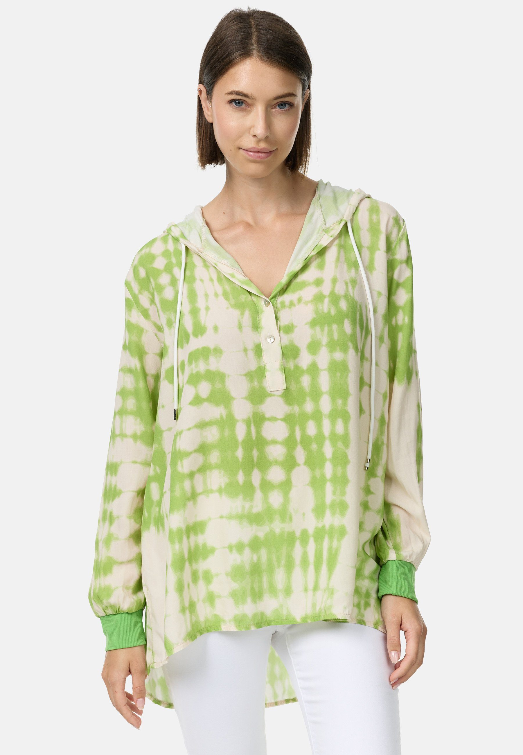 Rayshyne Schlupfbluse PM63 (Stilvolle Hoodie Bluse mit Batikmuster) mit Kapuze, Perlmuttknöpfe