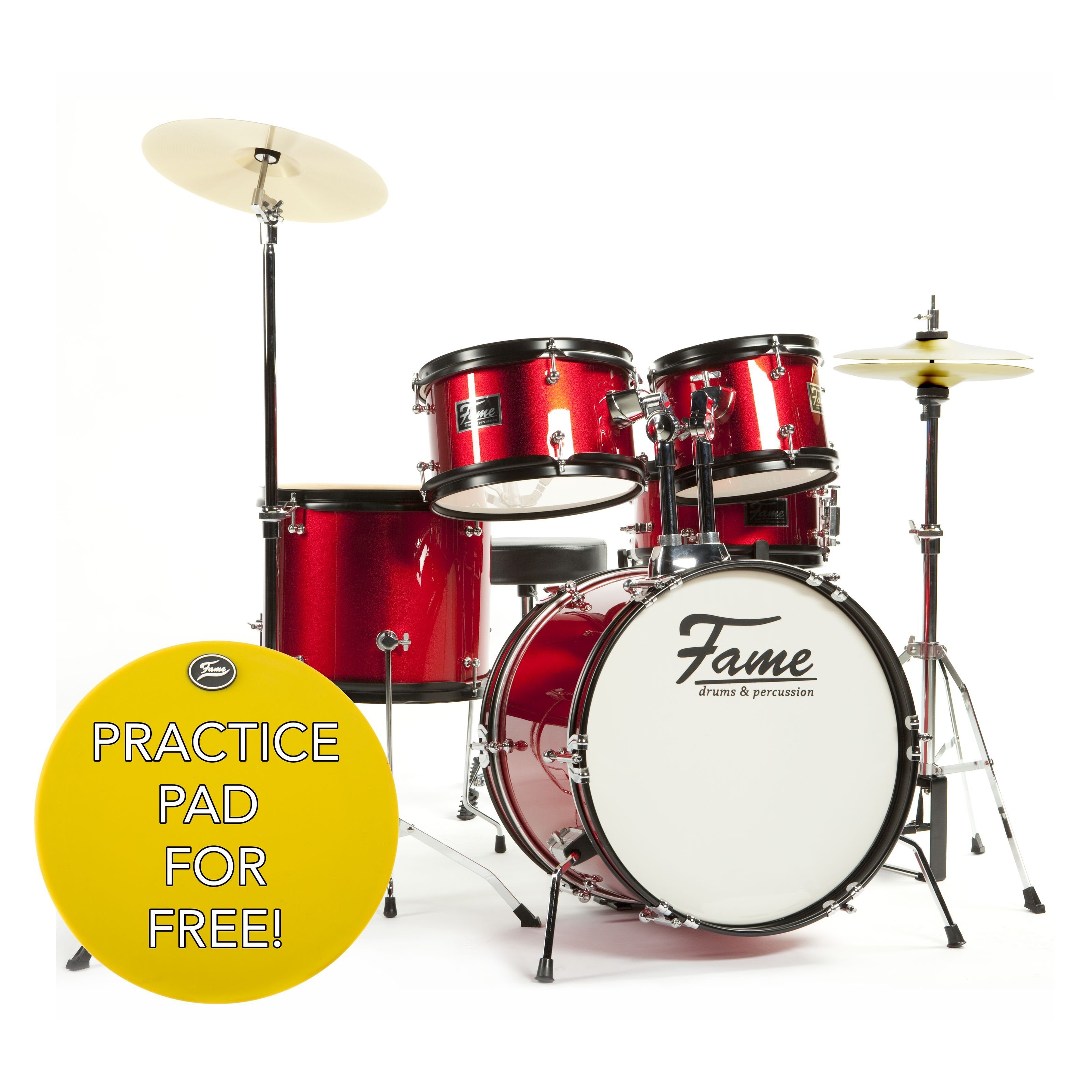 FAME Schlagzeug,Kiddyset 5 PC Junior Drumset Red, Kinderschlagzeug mit Bass Drum, Toms, Snare, Hardware und Hocker, von 3 -10 Jahren, mit Zubehör und Drumsticks, Schlagzeuge, Drum-Sets, Kinderschlagzeug, Junior Drumset, Kiddyset