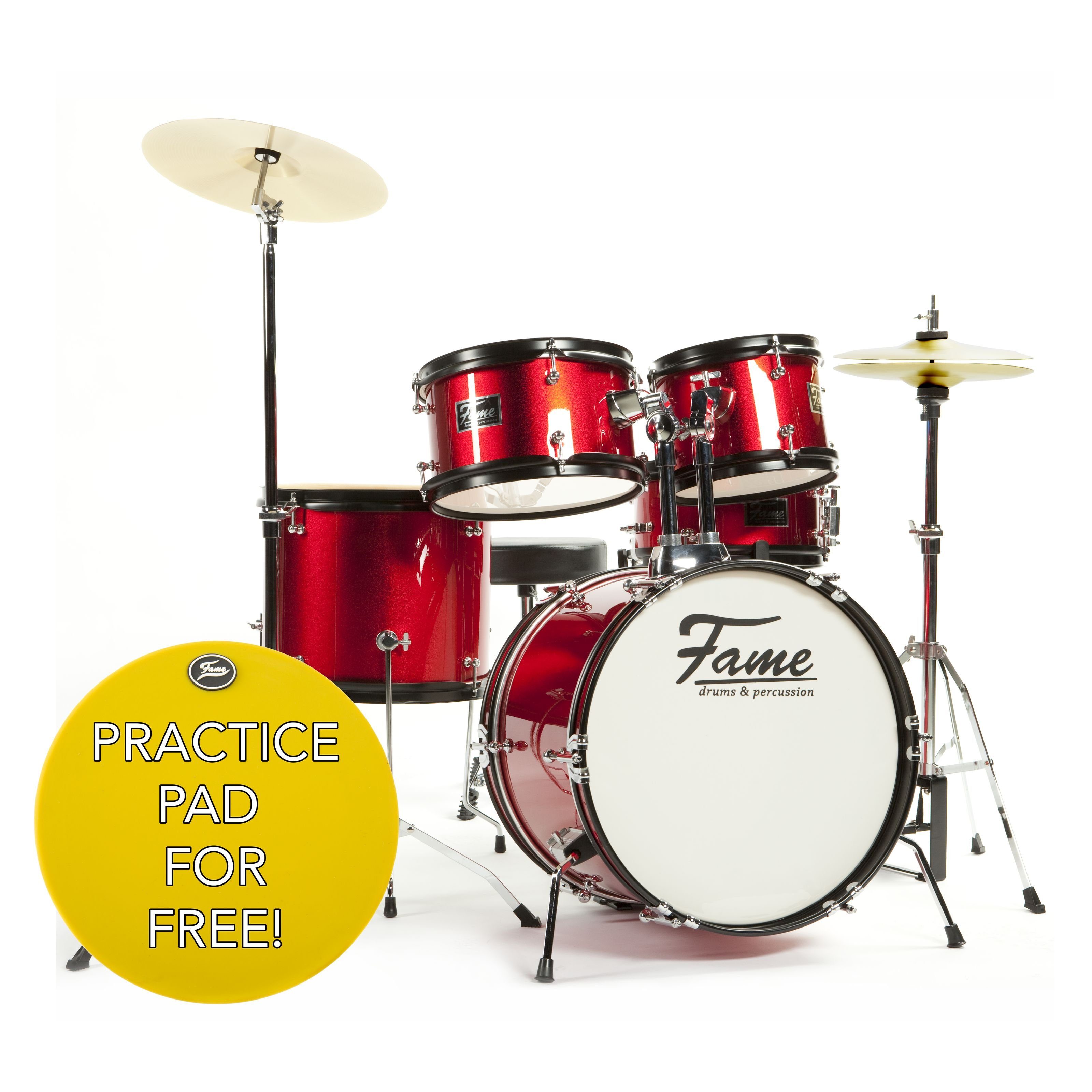 FAME Schlagzeug, Kiddyset 5 PC Junior Drumset Red, Kinderschlagzeug mit  Bass Drum, Toms, Snare, Hardware und Hocker, von 3 -10 Jahren, mit Zubehör  und Drumsticks