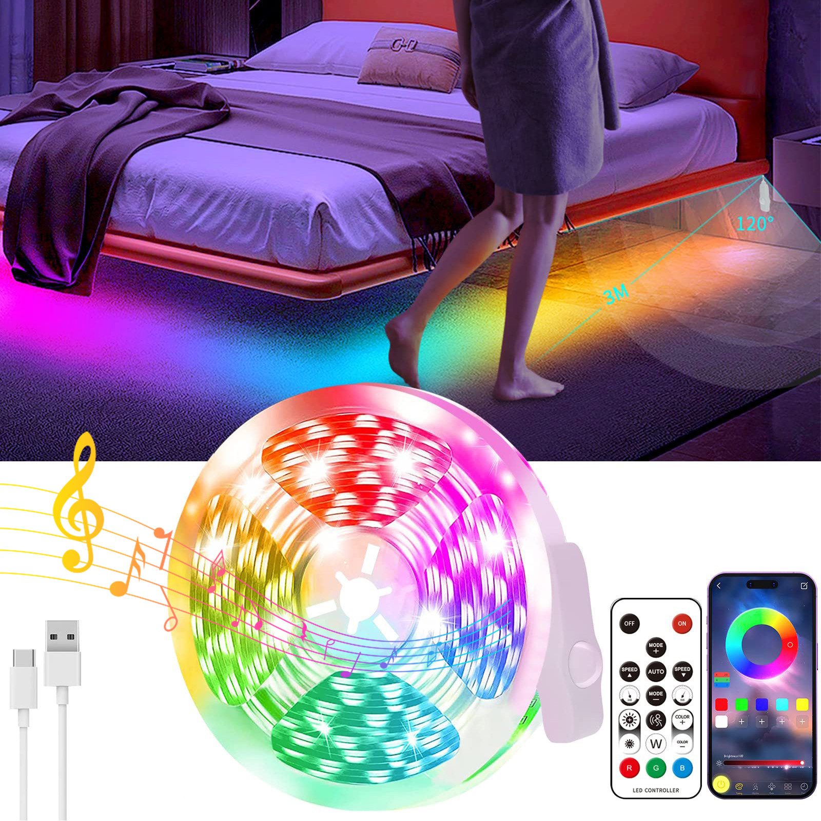 LED-Streifen 2m/5m/10m mit Fernbedienung & APP & Musik Sync LED Stripe für Party