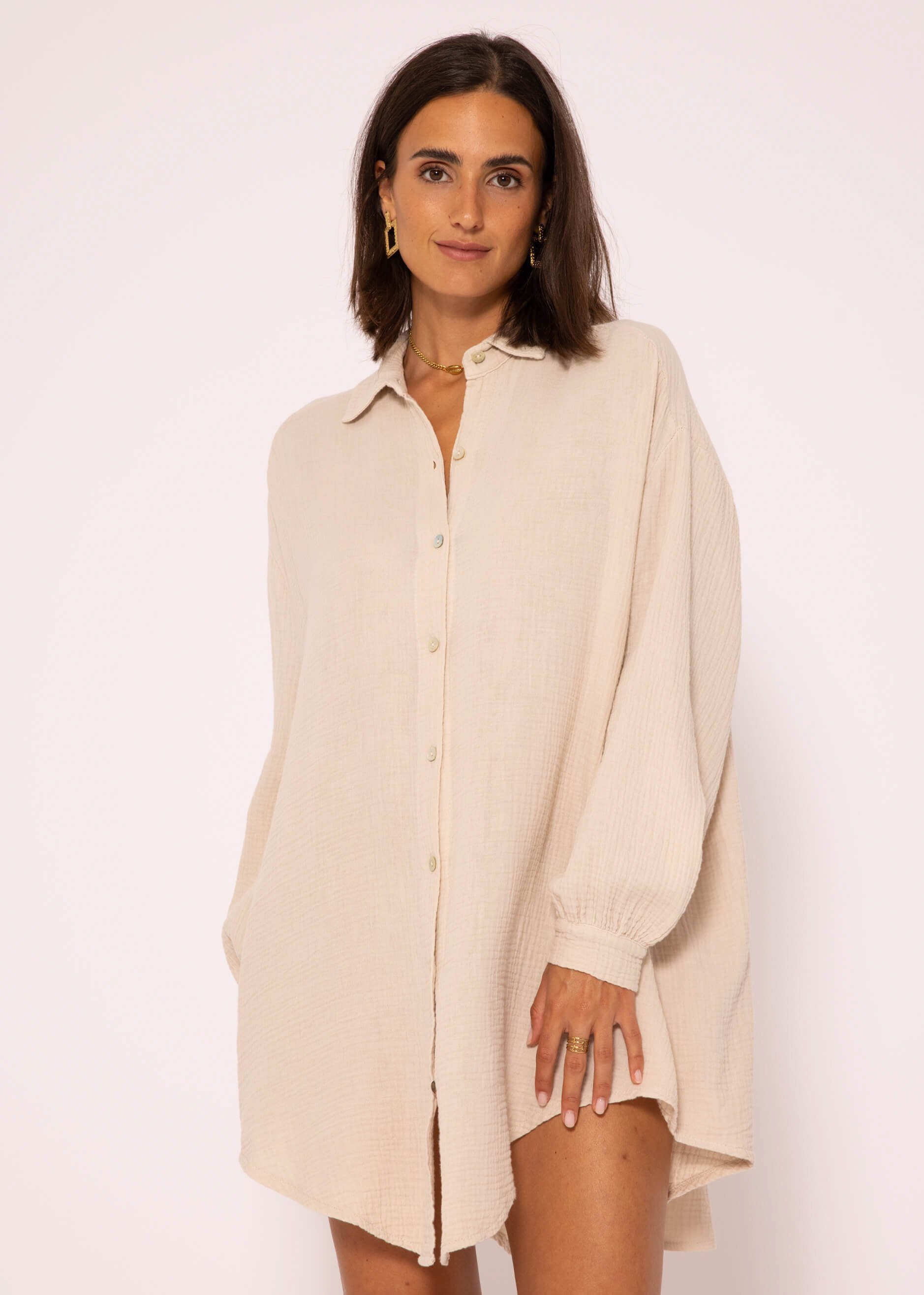 Oversize Size One Damen lang V-Ausschnitt, Bluse 36-48) aus Baumwolle Langarm (Gr. Hemdbluse Longbluse mit Musselin SASSYCLASSY