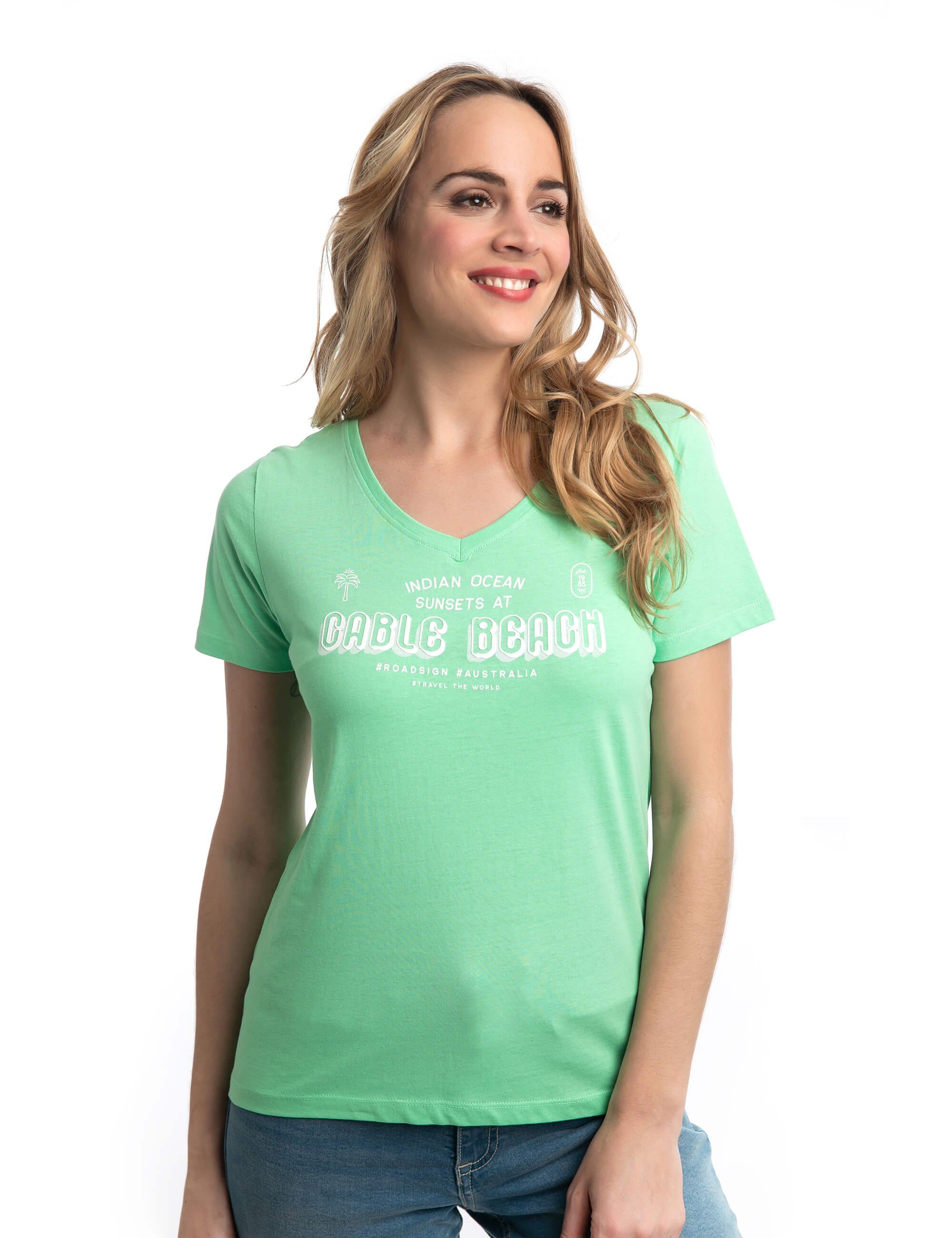 ROADSIGN australia T-Shirt Cabue Beach (1, 1-tlg., 1) mit V-Ausschnitt & Aufdruck, 100 % Baumwolle