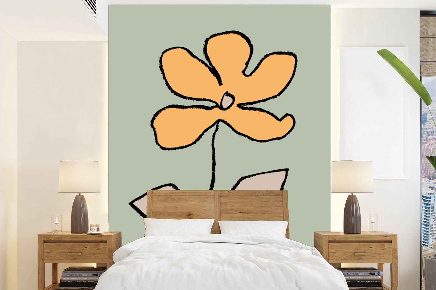 MuchoWow Fototapete Blume - Gelb - Grün - Abstrakt, Matt, bedruckt, (4 St), Montagefertig Vinyl Tapete für Wohnzimmer, Wandtapete