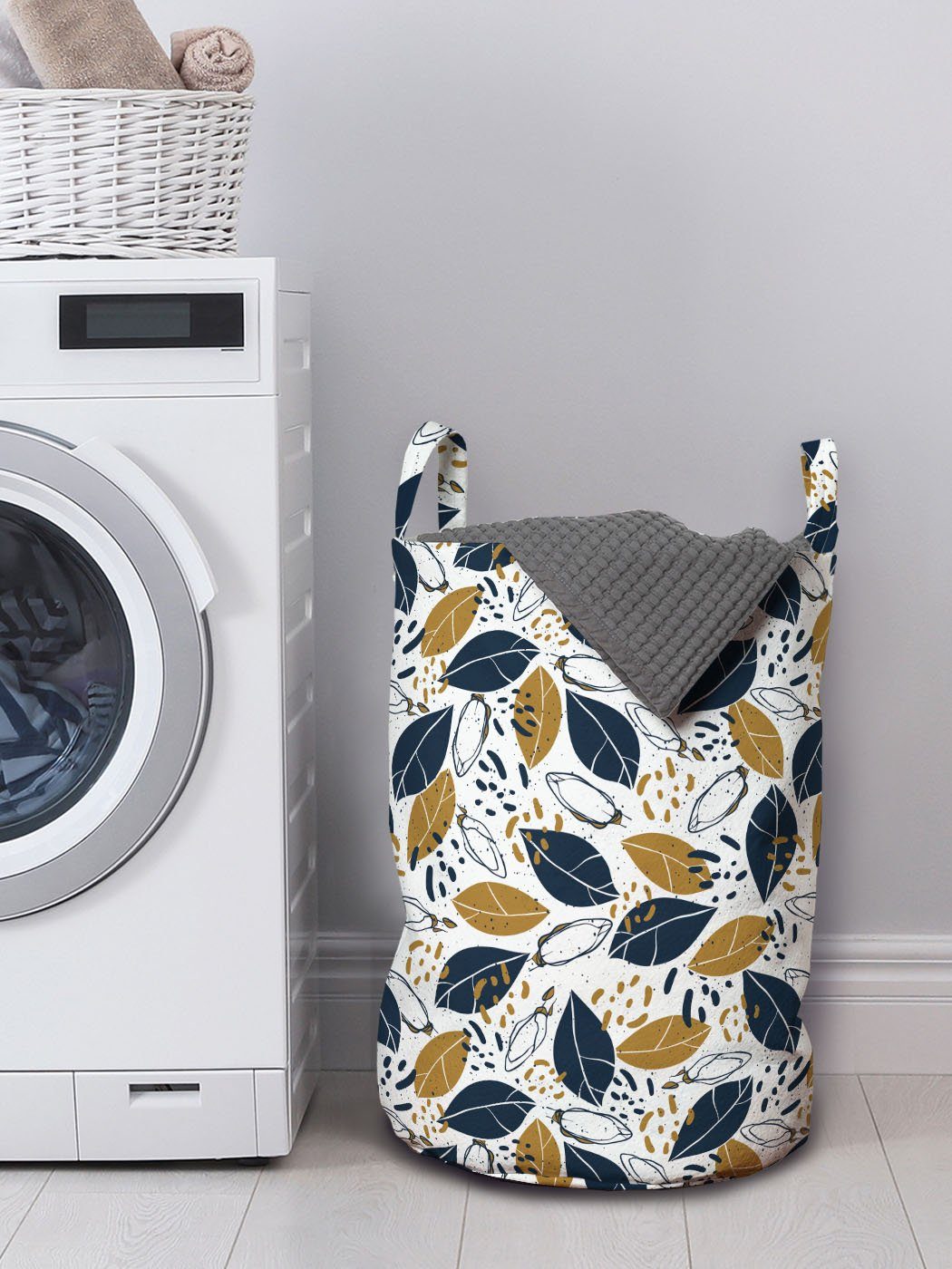 Abakuhaus mit Waschsalons, Wäschekorb für Spots Wäschesäckchen Garten Herbstliche Griffen Kordelzugverschluss Blattmotive