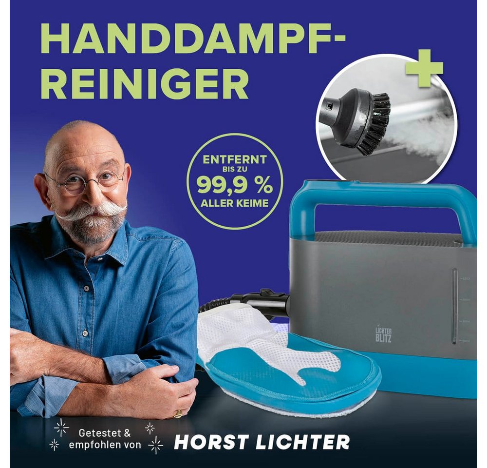 Lichterblitz Dampfreiniger Handdampfreiniger mit Handschuh - Polsterreiniger mit 7 Aufsätzen, 1200 W, Dampfreiniger Handgerät, 100 °C Dampf entfernt bis zu 99,9 % Keime