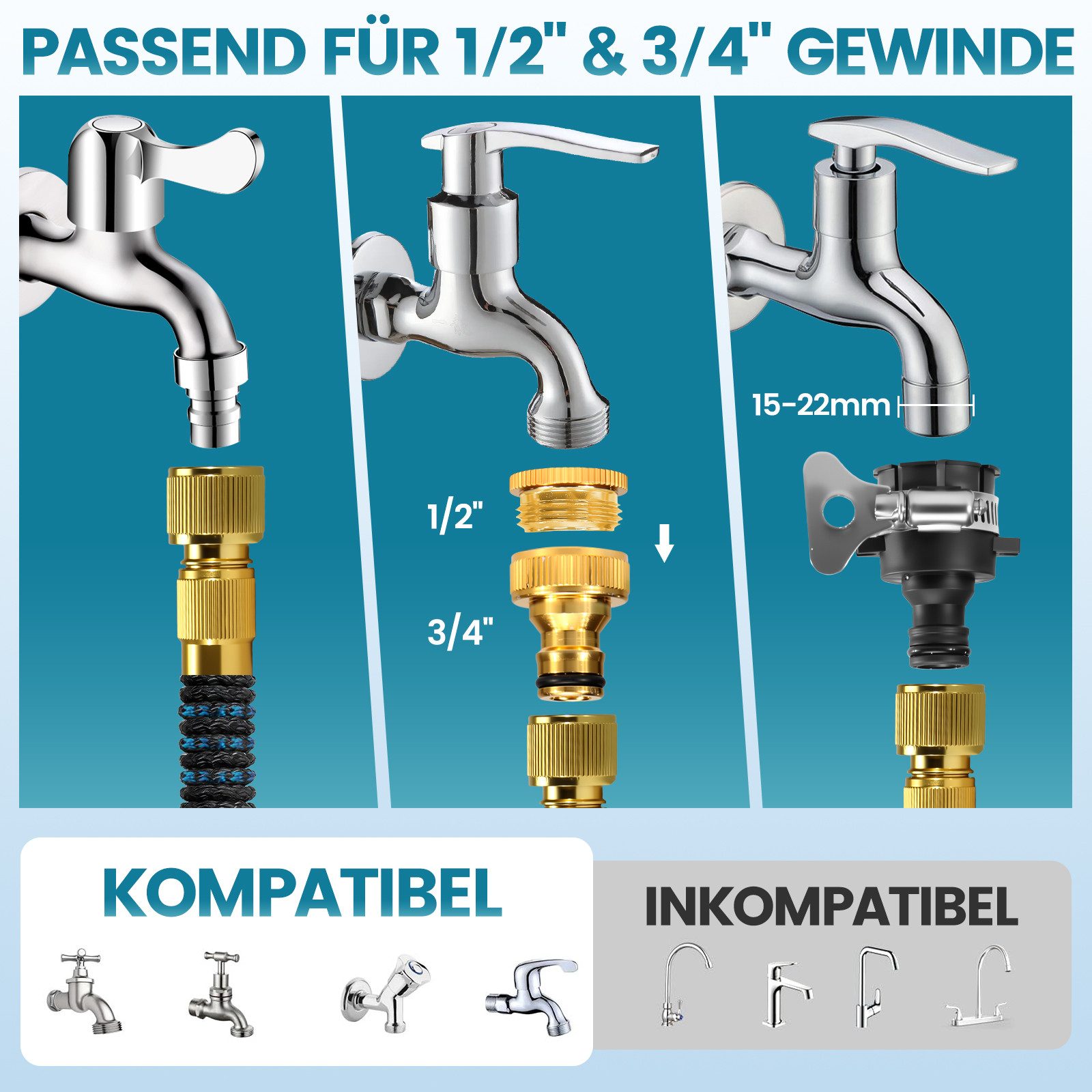 Bundviel Gartenschlauch Mit 10 Funktionen Flexibler dehnbarer Wasserschlauch 15-30m, kein verknoten Flexischlauch, Schlauch Flexibel Bewässerung, 1/2 Zoll,3/4 Z – Bild 4 von 5