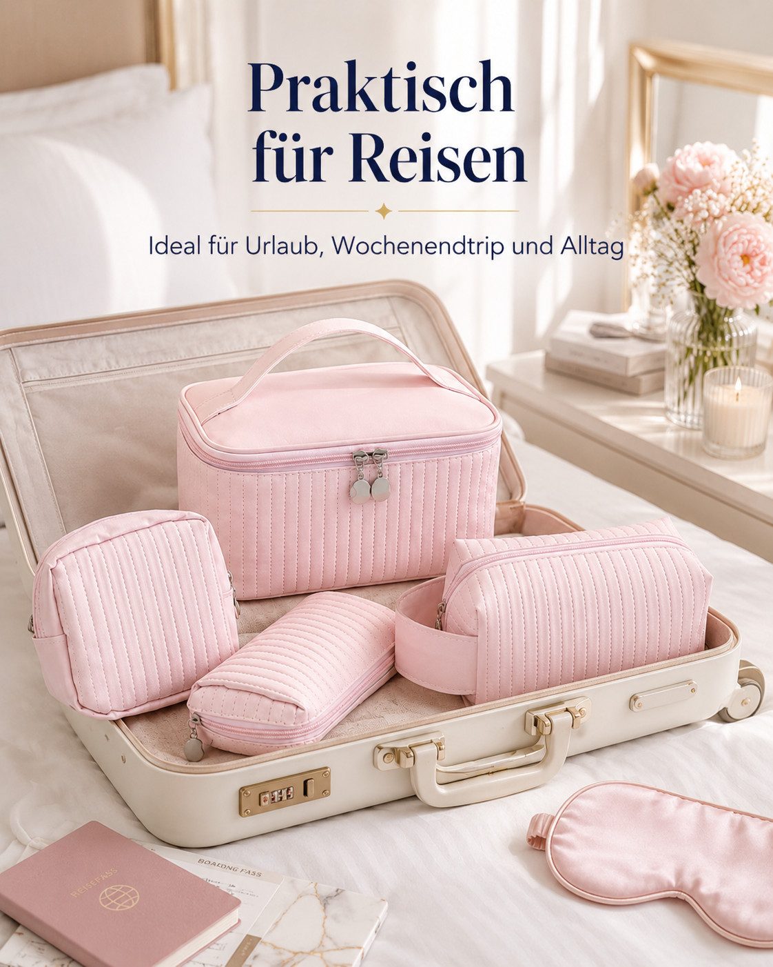 Luckice Kosmetiktasche 4-teiliges Kosmetiktaschen Set in Rosa (4 verschiedene Größen Kulturbeutel für Make-up, Pinsel & Pflegeprodukte, Reise Schminktasche mit  – Bild 4 von 5