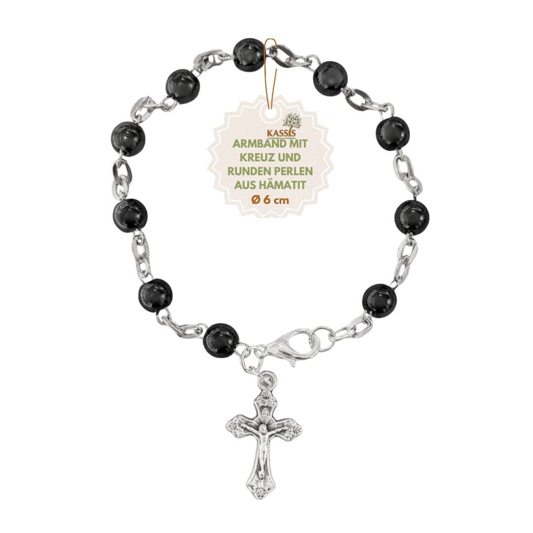 Kassis Geschenkartikel Armband mit runden Hämatit-Perlen Gebetskette Talisman Glücksbringer, handgefertigt in Bethlehem, Geschenk zu Taufe Kommunion Firmung