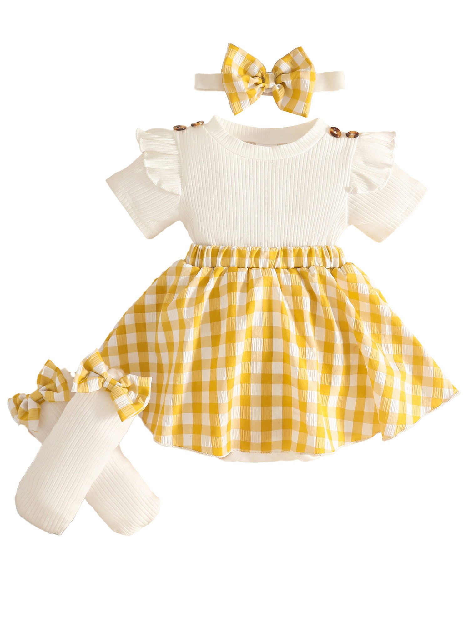 Gluckids Strampler Stramplerkleid für Babys mit Karomuster, Partykleid, Geburtstags (Set, 3-tlg) Sommer Baby Mädchen Kleidung, Kleid & Kniehohe Socken & Haarband