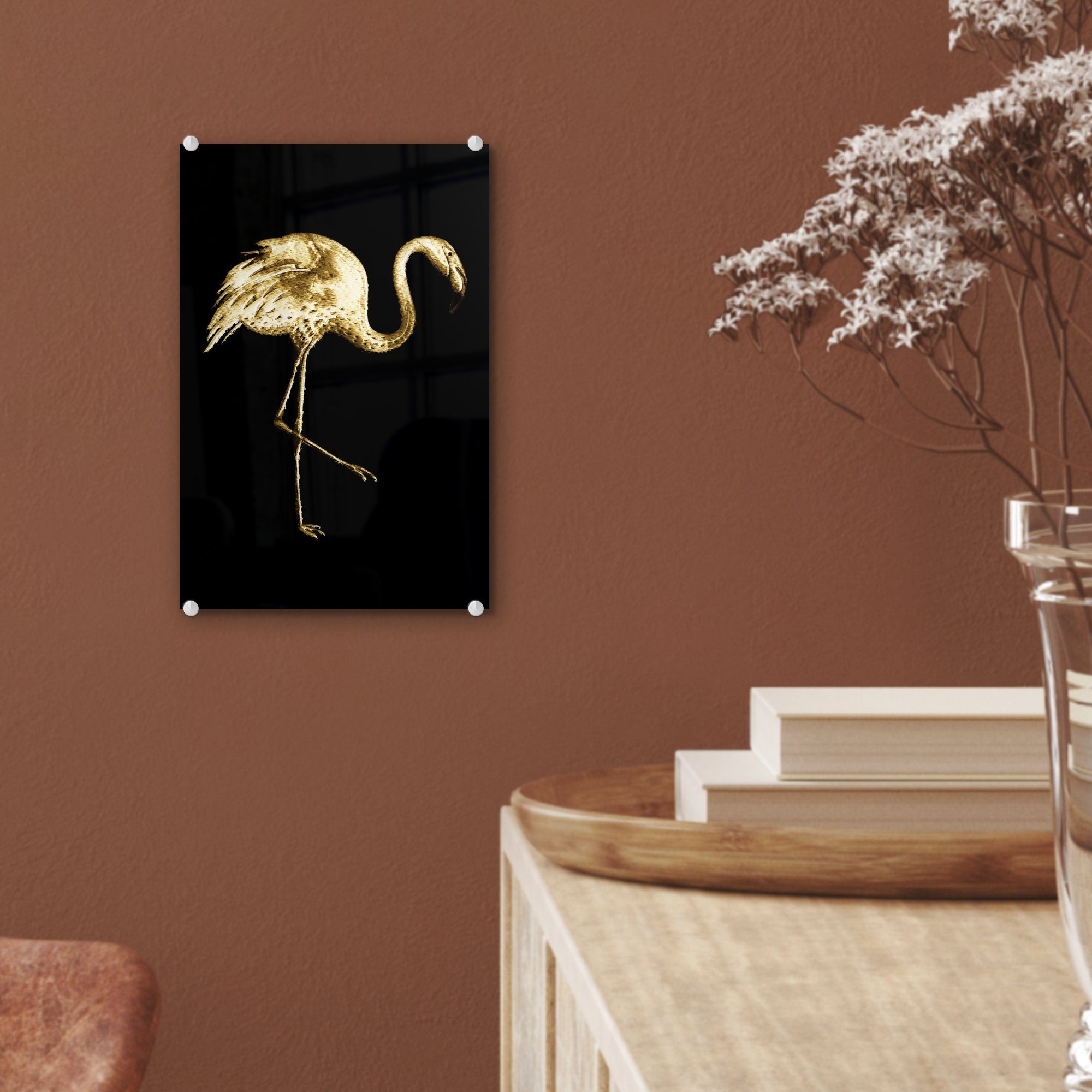 MuchoWow Acrylglasbild Gold - Flamingo - auf auf (1 - bunt Wanddekoration Schwarz, St), - Glas Glasbilder Foto Glas Bilder Wandbild 