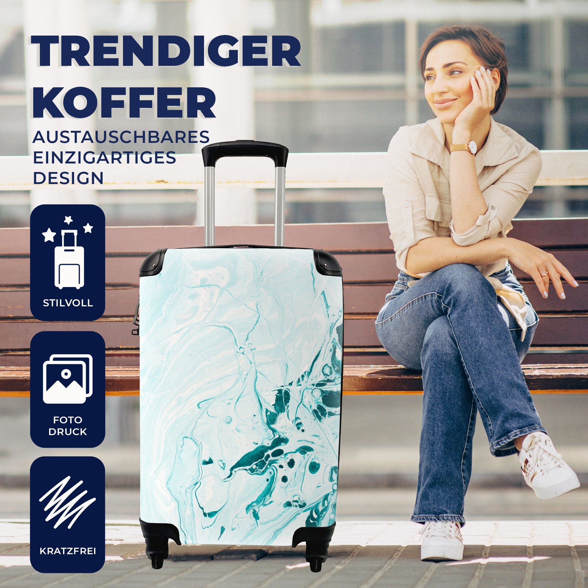 MuchoWow Handgepäckkoffer - 4 Ferien, Reisekoffer für Reisetasche mit Blau, - rollen, Rollen, Marmor Trolley, Handgepäck Ölfarbe