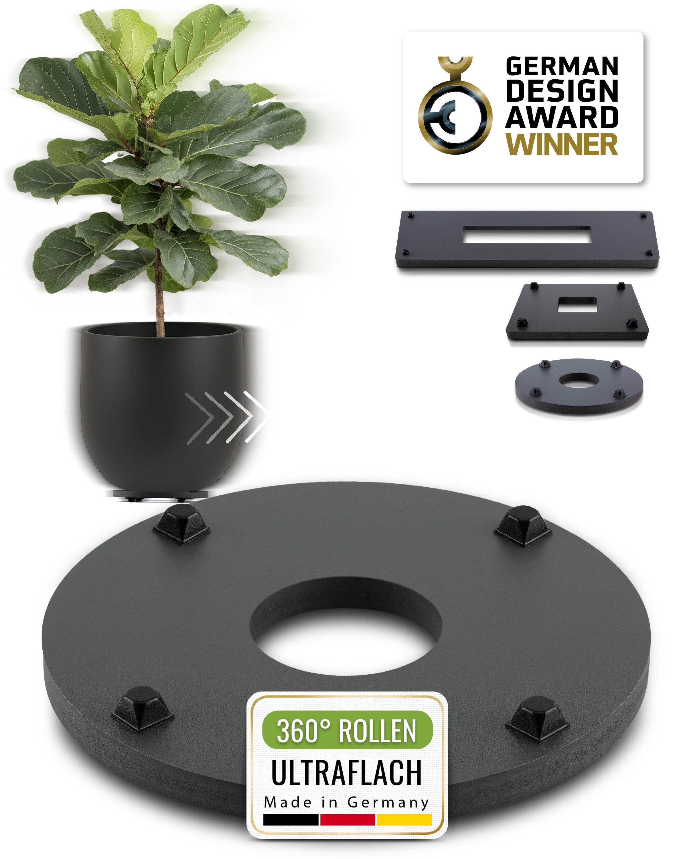 Pflanzwerk® Pflanzenroller Pflanzkübel Blumentopf Ultraflacher Designer Untersetzer Gefäßroller, German Design Award® - 2 Jahre Garantie - Outdoor & Indoor geei – Bild 2 von 5
