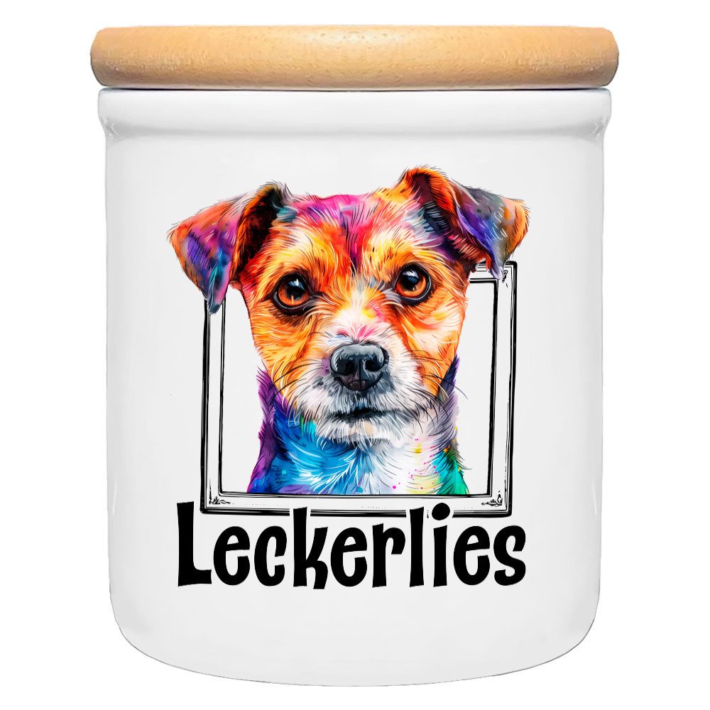 Cadouri Vorratsdose JACK RUSSELL TERRIER - Leckerlidose Hund - für Hundekekse, Keramik, (Leckerlidose mit Hunderasse, 2-tlg., 1x Keramikdose mit Holzdeckel), Hundekeksdose, handgefertigt in Deutschland, für Hundebesitzer, 400 ml