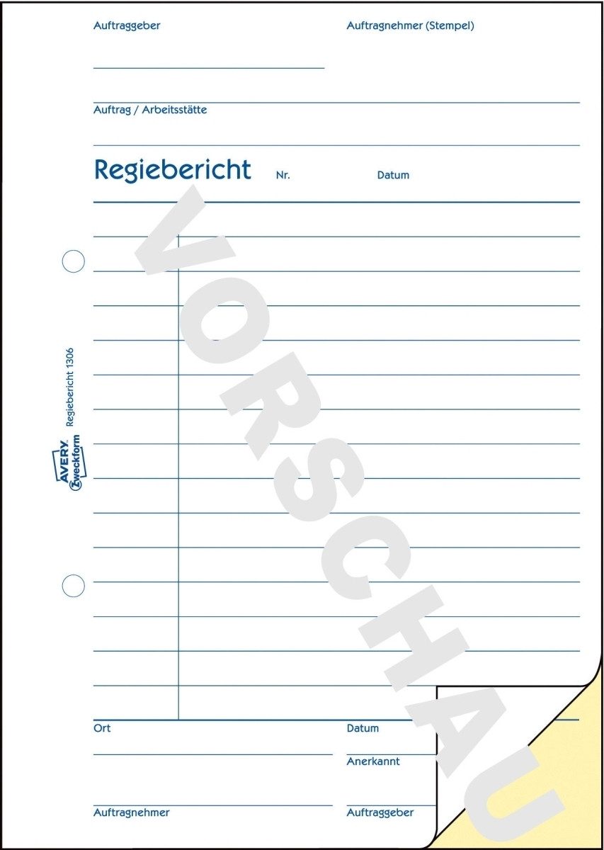 Formularblock Formularbuch Regiebericht A5 2x40 Blatt selbstdurchschreibend weiß/gel