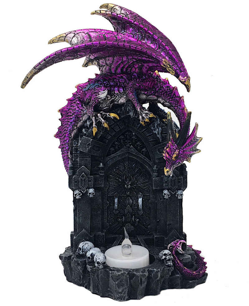 MystiCalls Dekofigur Drachenfigur Drache sitzt auf Tor mit Teelicht Fantasy Fantasyfigur (1 St), Dekofigur mit Teelicht