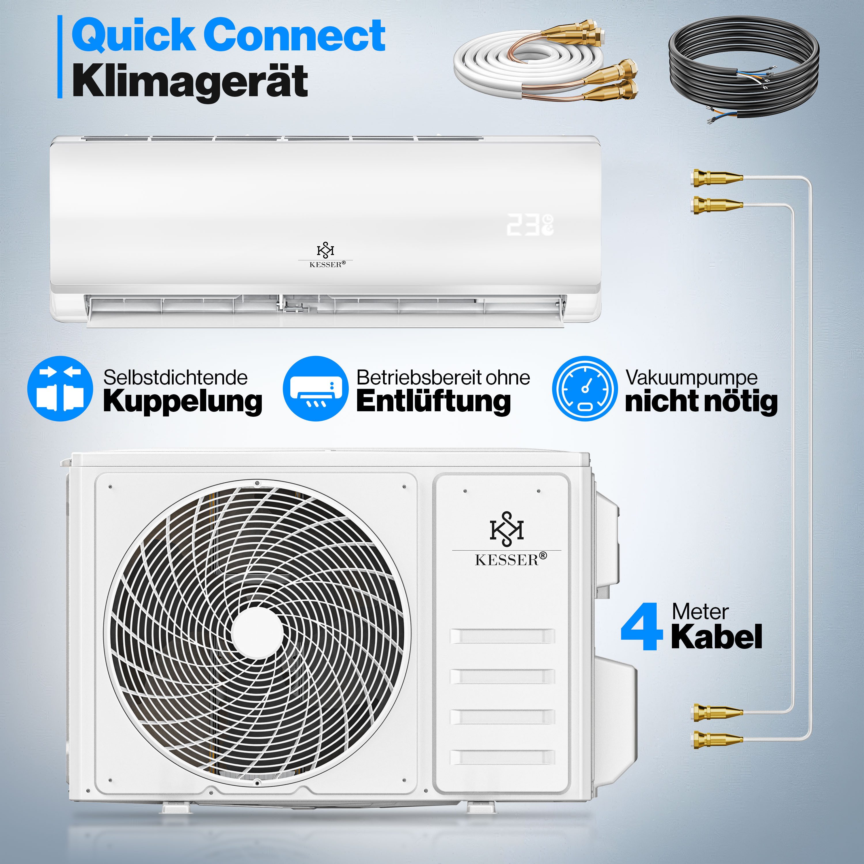 KESSER Split-Klimagerät Set Quick Connect Split Klimaanlage 9000 BTU Kühlen & Heizen 2,6kW R32, mit WiFi & App Funktion, Fernbedienung, Timer, inkl. Montagematerial