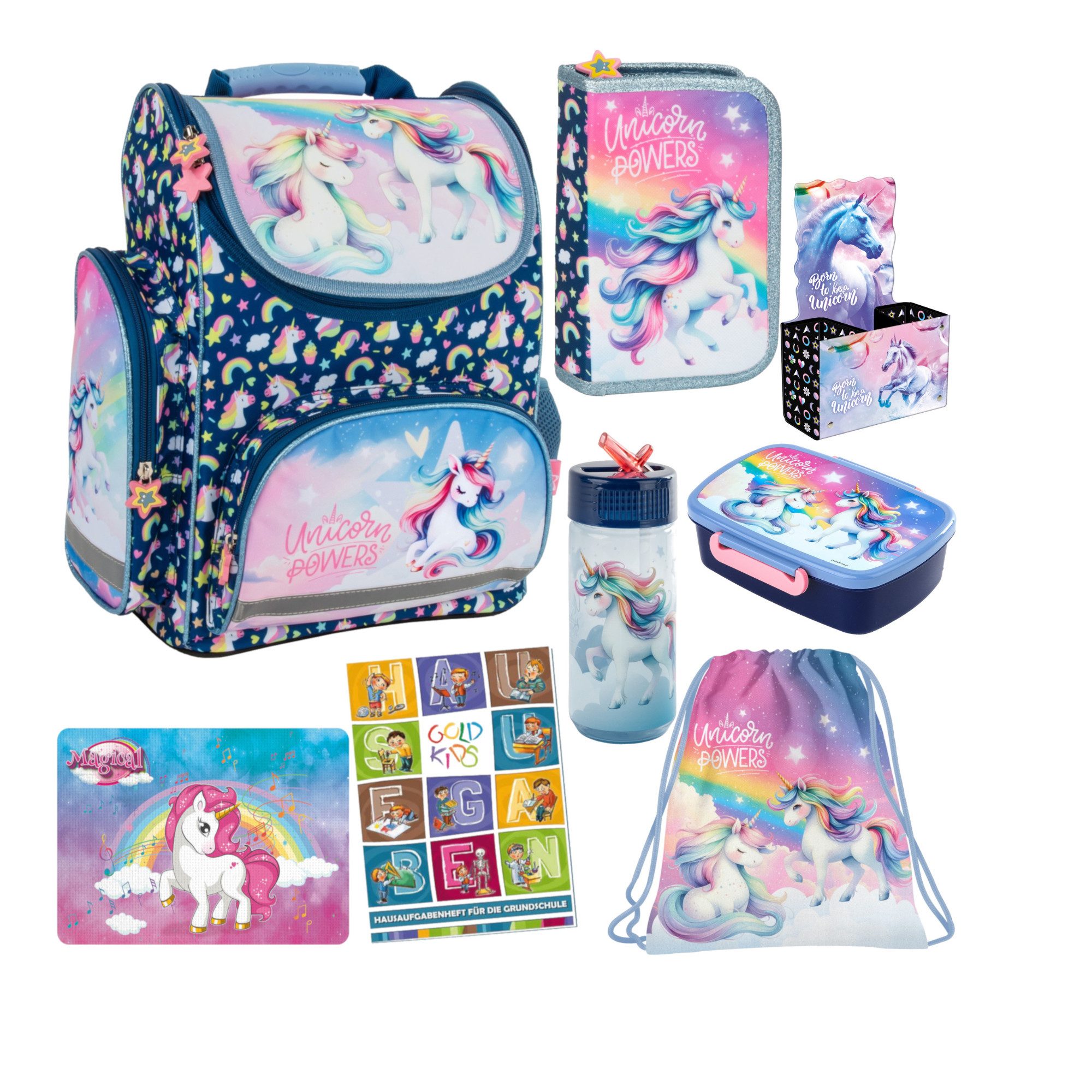GOLDKIDS Schulranzen für Jungen und Mädchen, 8er-Set - (Schul-Rucksack für Kinder mit Federmäppchen -, 1-tlg., Schuhbeutel Trinkflasche und Brotdose), Einhorn Motiv - 1-3 Klasse