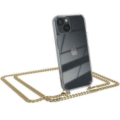 EAZY CASE Handykette 2in1 Metallkette für Apple iPhone 14 6,1 Zoll, Hülle mit Band Silikonhülle durchsichtig Necklace Cover Slimcover Gold