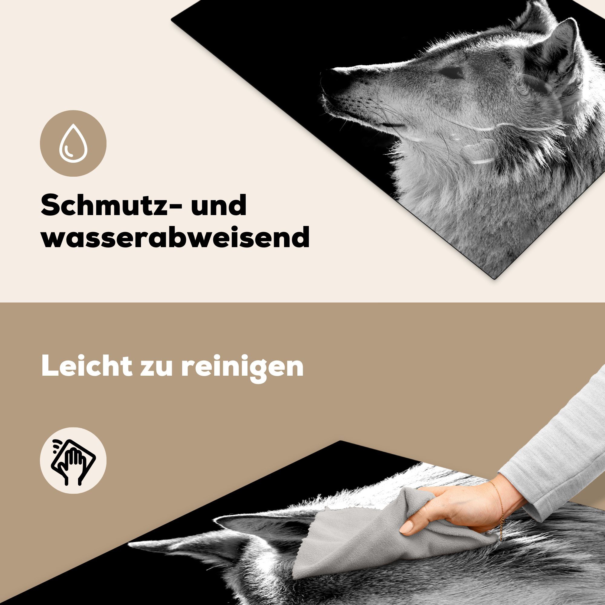 Herdblende-/Abdeckplatte küche 81x52 - tlg), Vinyl, - Weiß, (1 Wildlife Ceranfeldabdeckung, Schwarz für cm, - Wolf Arbeitsplatte MuchoWow