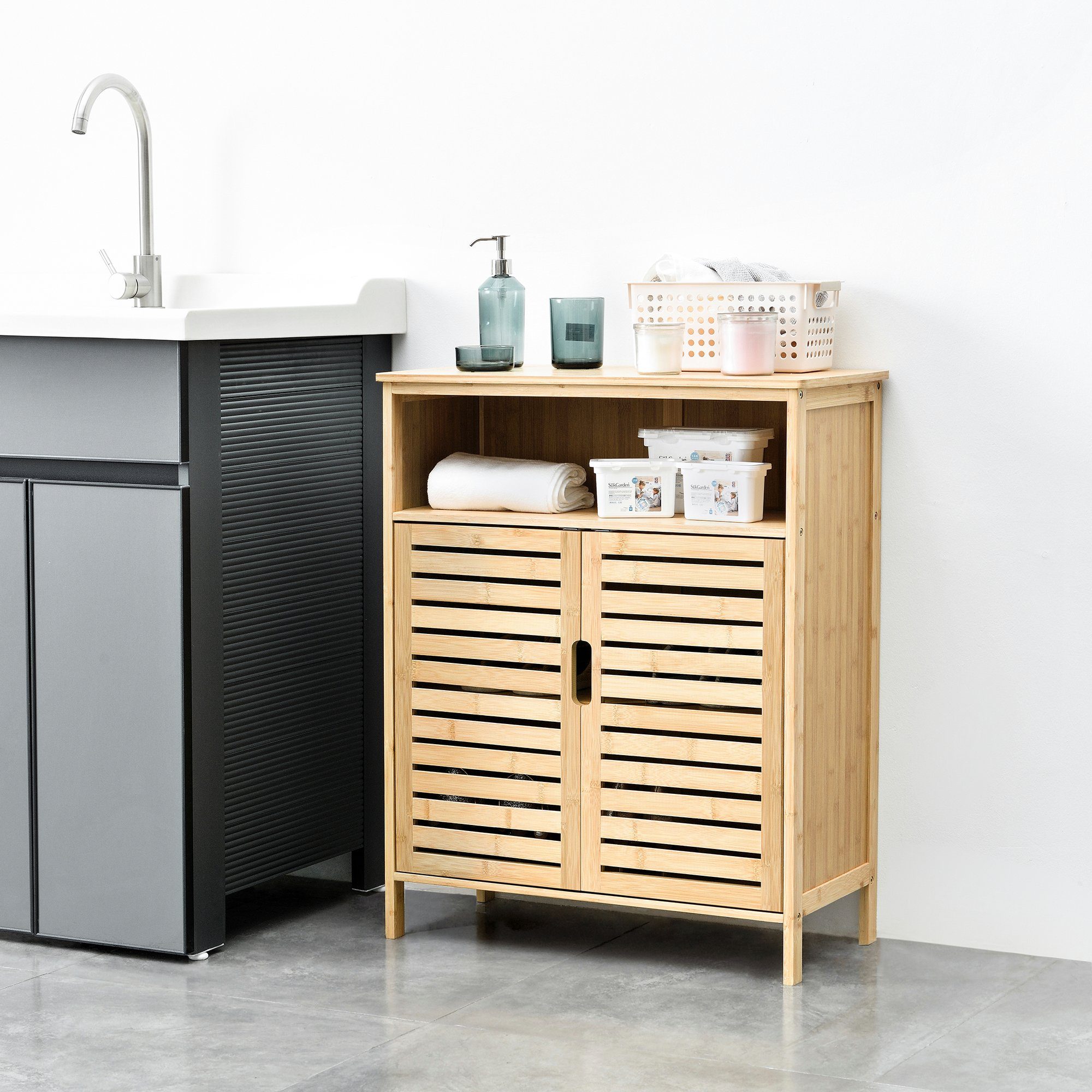 en.casa Midischrank »Eslöv« Badezimmerschrank 81x65,5x31cm Bambus günstig online kaufen