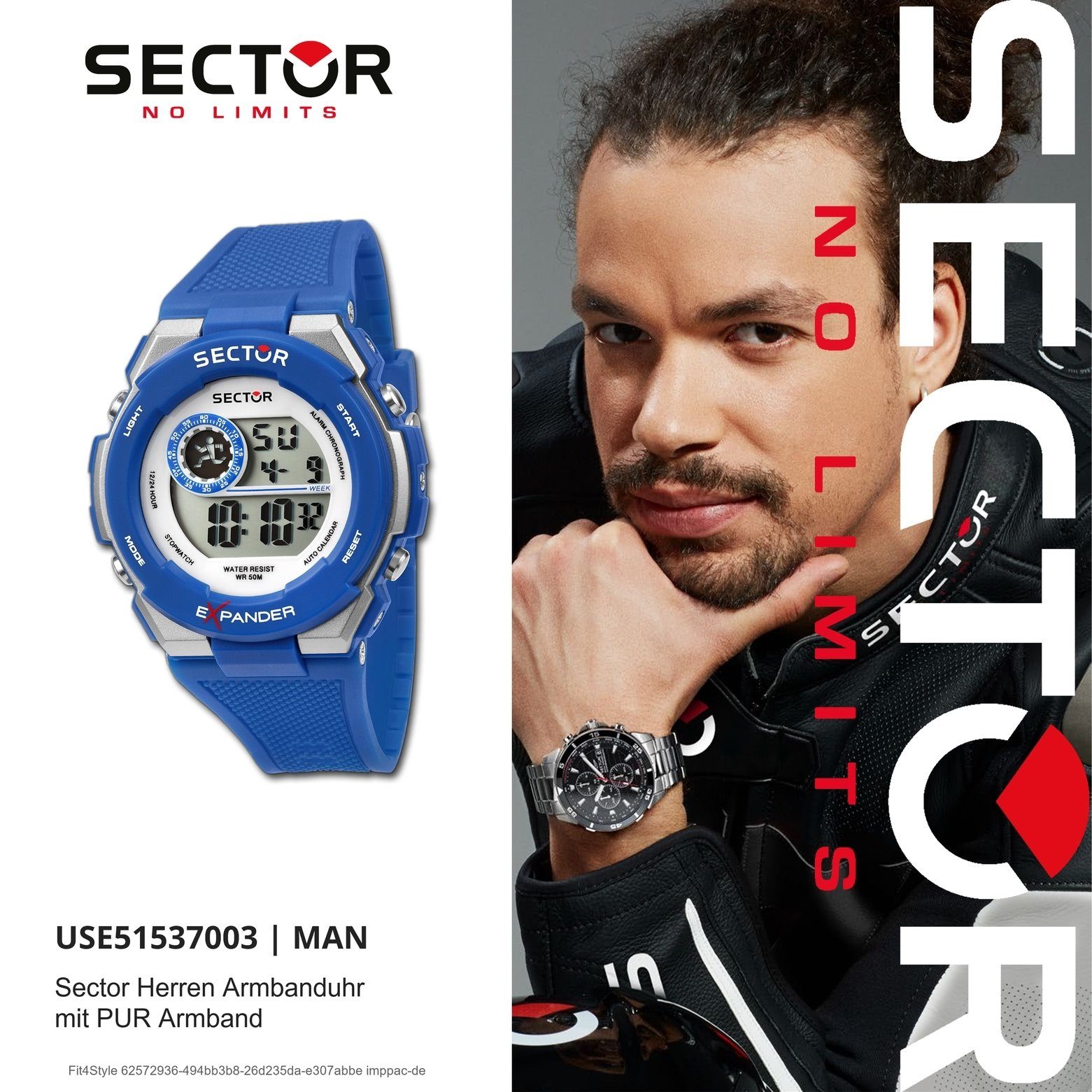 PURarmband Sector Armbanduhr (ca. eckig, Herren Herren groß Sector 52,3x46mm), Armbanduhr Digital, blau Digitaluhr extra