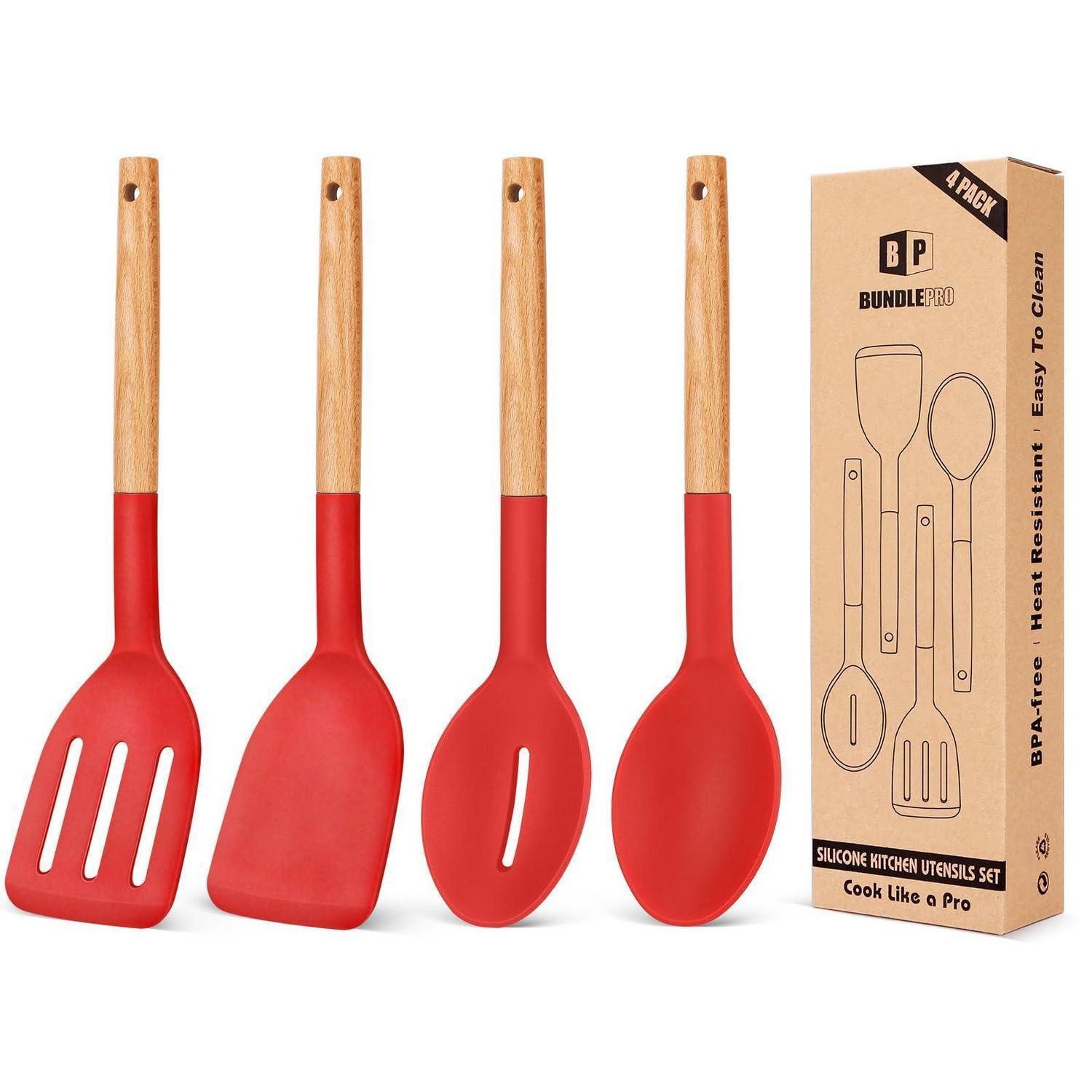 LuxusKollektion Kochlöffel Silikon Kochset Holzgriff rot 4-tlg