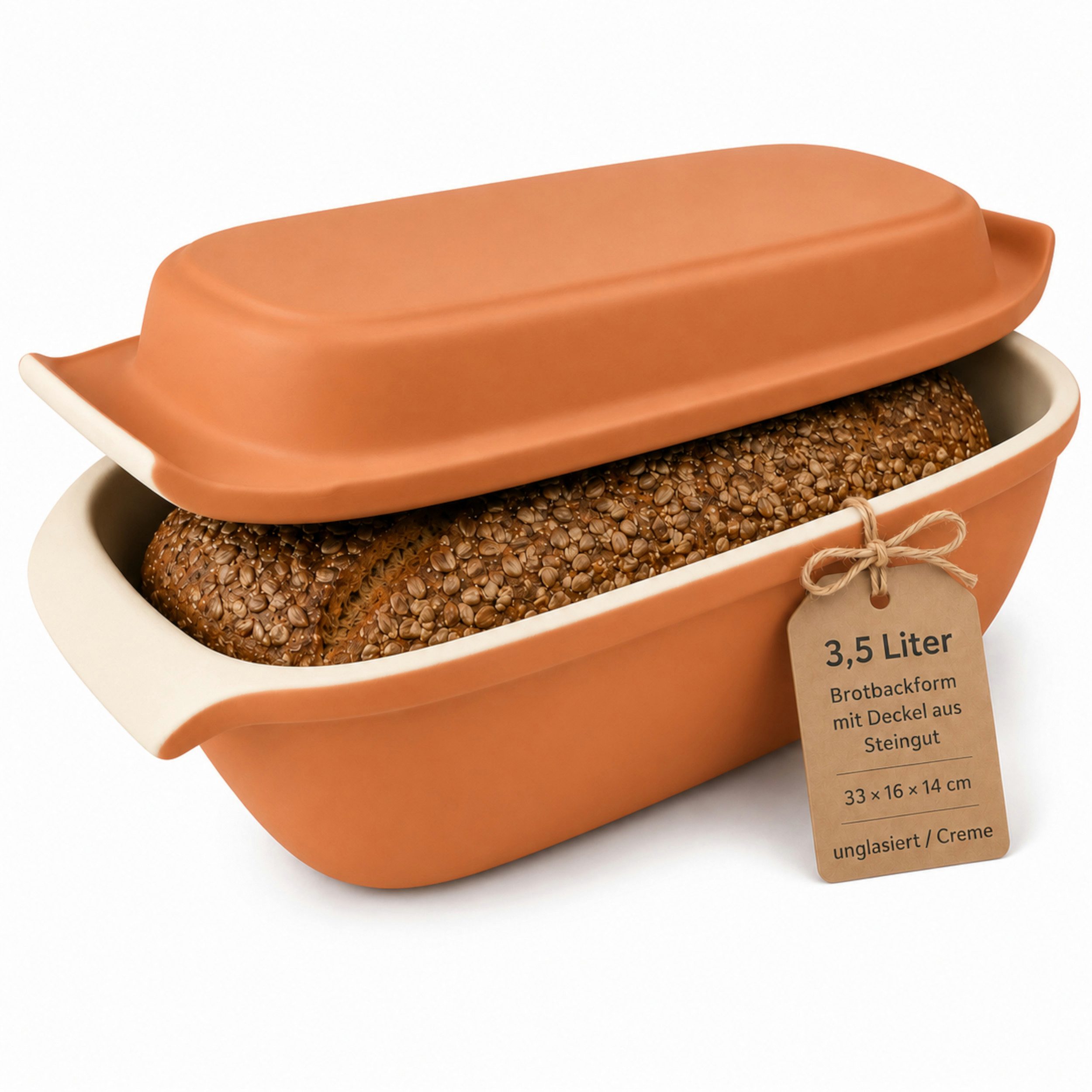 KERAZO Brotbackform 3,5L Bräter mit Deckel Brottopf Auflaufform 33x16x14 cm, natur/creme, Teilweise Ohne Glasur, Für knuspriges Brot und saftige Ofengerichte