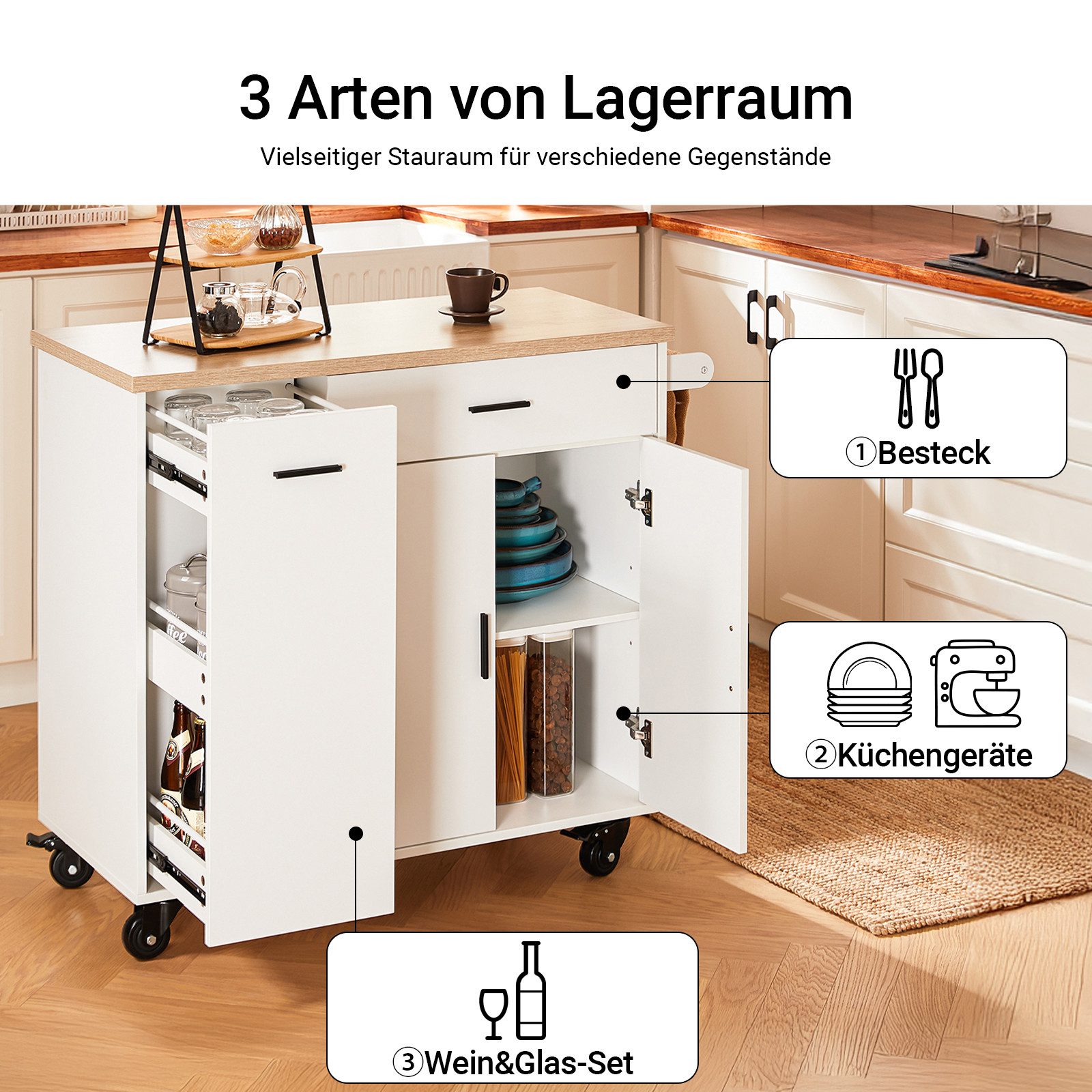 SoBuy Küchenwagen FKW126, Sideboard auf Rollen Küchentrolley Küche Wohnzimmer Esszimmer, Rollwagen Kücheninsel Servierwagen Küchenschrank, Küche Esszimmer