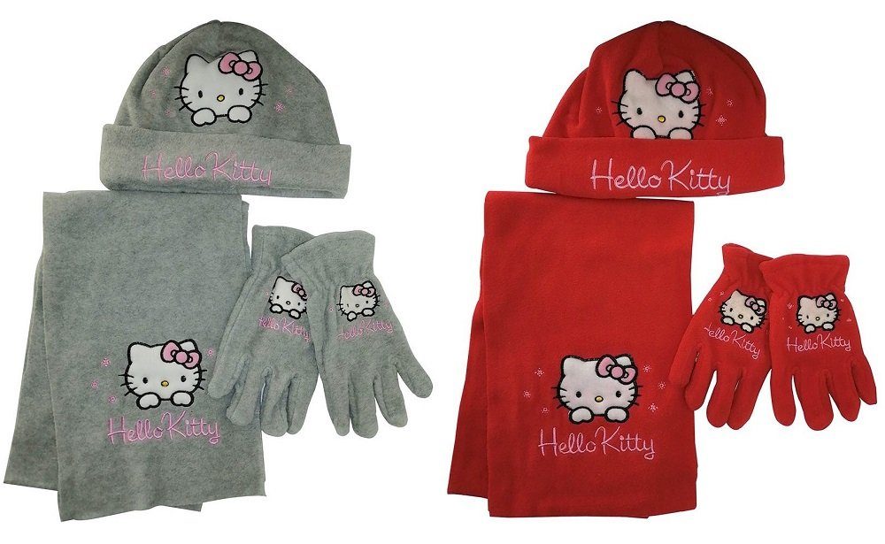 Hello Kitty Strickmütze Hello Kitty 2er Winter-Set mit Mütze, Schal 54 (Set, 6-St., 2 x Mütze, 2 x Schal und 2 x Handschuhe jeweils in der Farbe Rot und Grau) in toller Geschenkbox verpackt