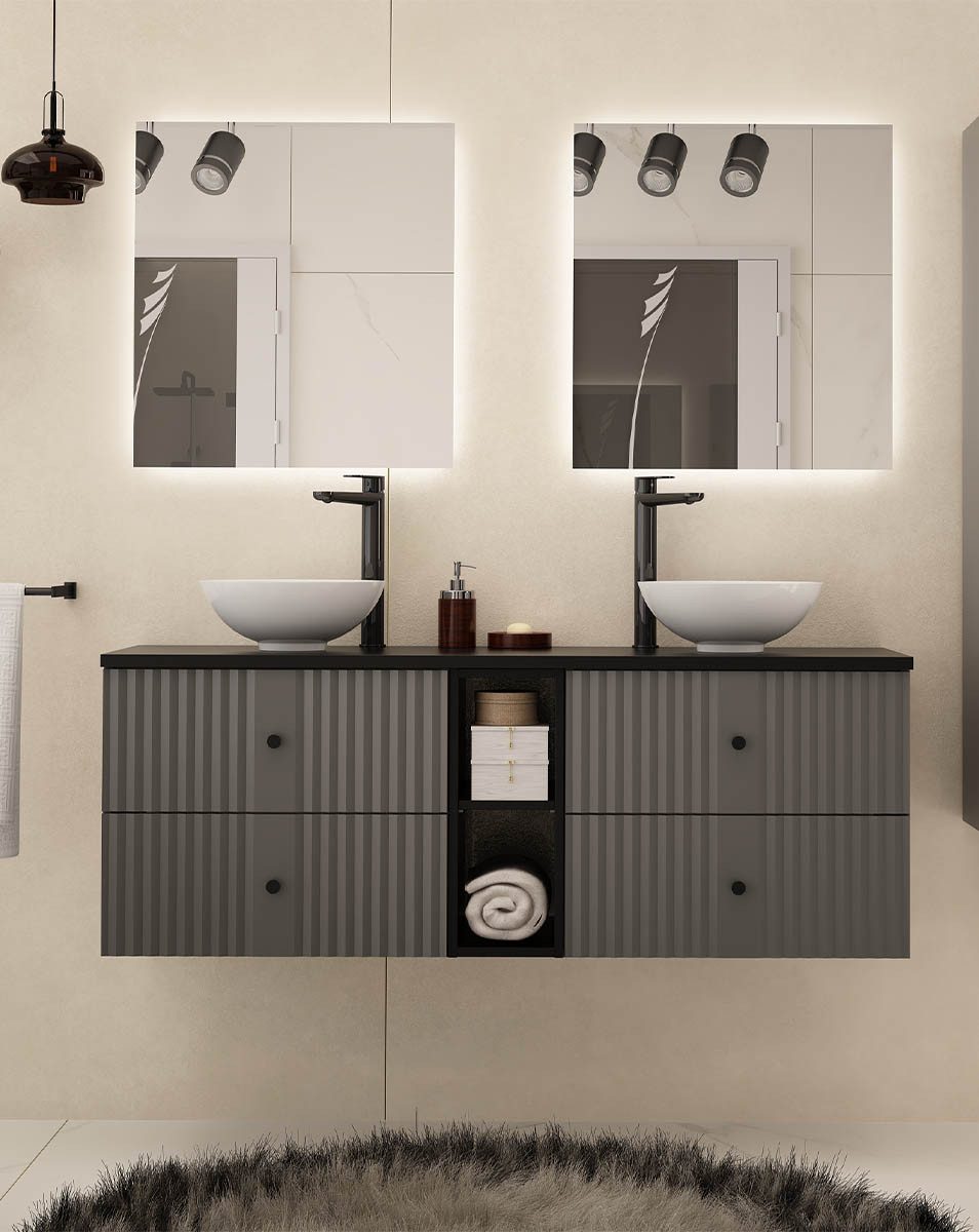 einfachgutemoebel Waschtisch-Set Waschtisch Set 140cm 3tlg. AshLine, Graphit Aufsatzbecken, (Badmöbel Set, 1-St., Waschtisch Unterschrank)