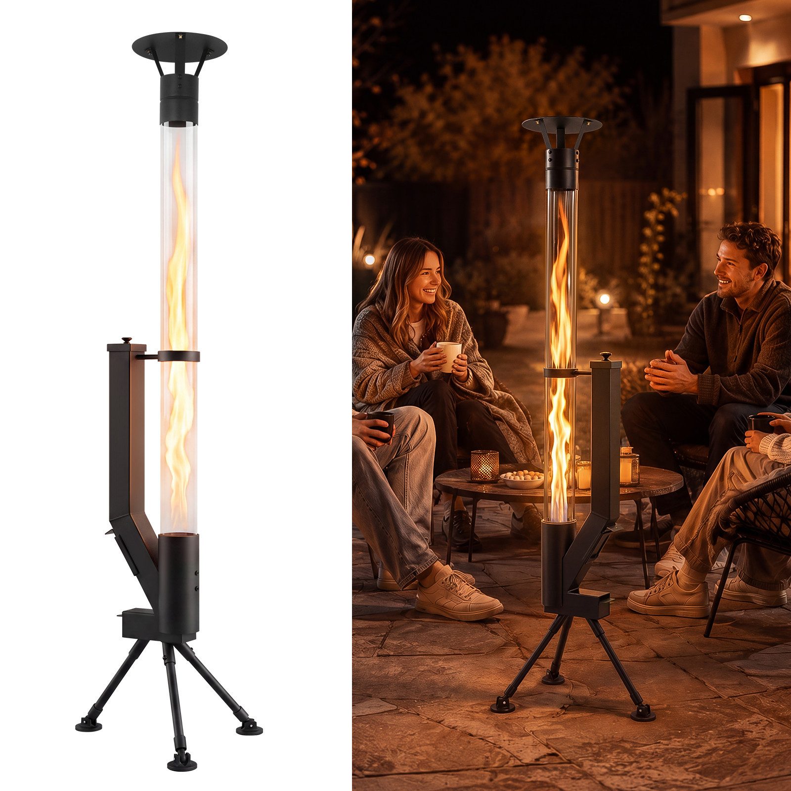 Nettlife Gartenkamin Pelletfackel Outdoor Pellet Terrassenheizer Glasrohr 167cm 2H, Terrassenfeuer Regenkappe Reinigungsbürste Feuersäule für Garten