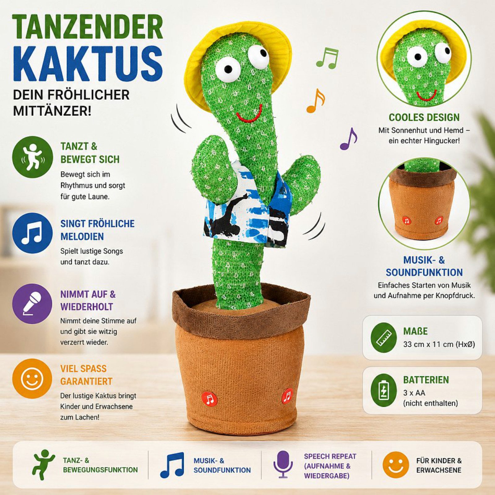 Haushalt International Dekofigur Sprechender Kaktus Spielfigur Spielzeug Gelber Hut (Stück, 1 St., Packung), 33x11cm, Tanzend, Singend, Sprechfunktion