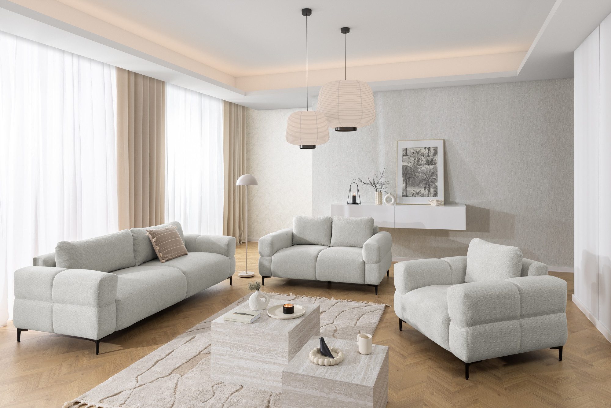 S-Style Möbel Polstergarnitur 3+2+1 Cardea in Bubble-Optik aus weichem Strukturstoff, mit Wellenfederung und hohem Sitzkomfort