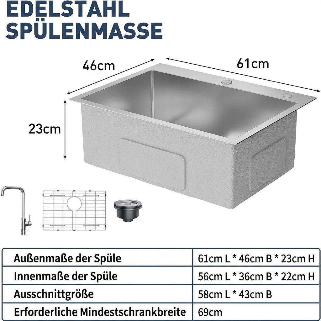 GarveeMore Küchenspüle Edelstahl Spülbecken, Einbauspüle mit Armatur & Zubehör, rechteckig, 60/45 cm, inkl. Ablaufstopfen, Siebkorbventil & Geschirrabtropfgestell