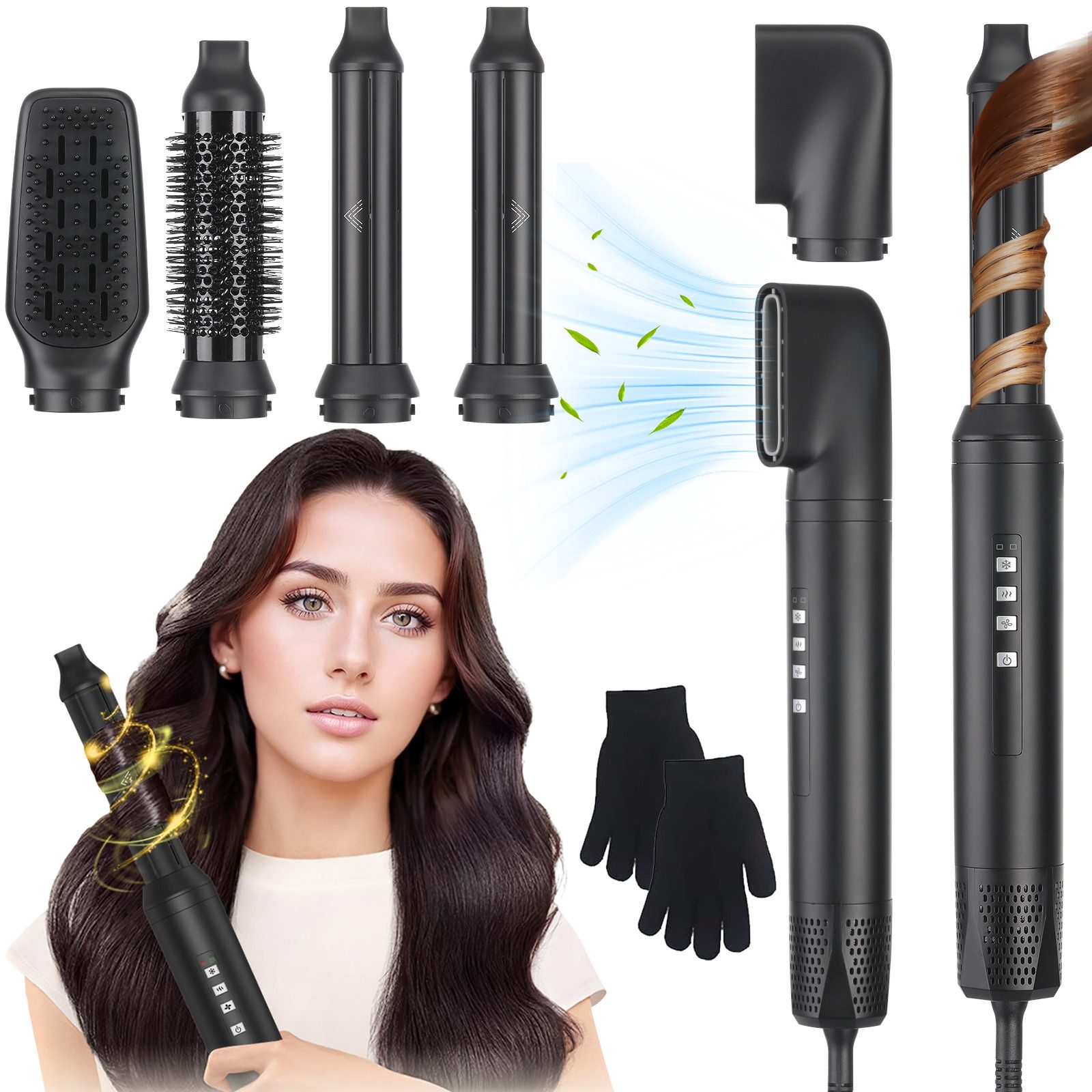 oyajia Multihaarstyler 5-in-1 Heißluftstyler Lockenstab Glätter Föhn Volumen Hitzeschutz1300W, 3D-Airflow-Technologie für Styling ohne Hitzeschäden