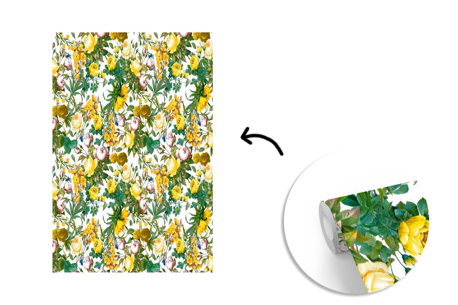 Gelb, MuchoWow - Wohnzimmer, Tapete Rosen Montagefertig (3 Matt, - St), für Blumen bedruckt, Vinyl Wandtapete Fototapete