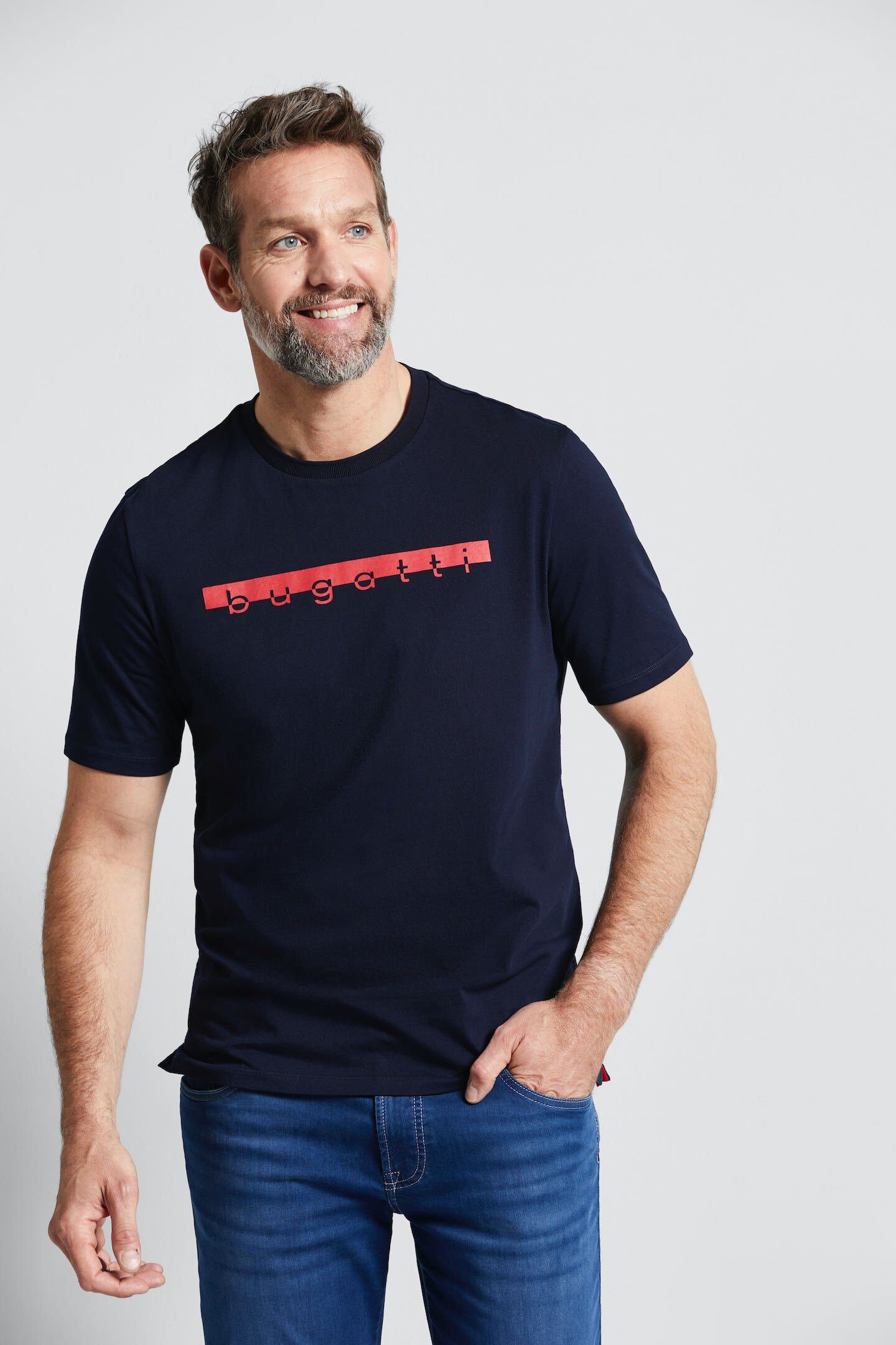 bugatti T-Shirt mit großem Logo-Print marine