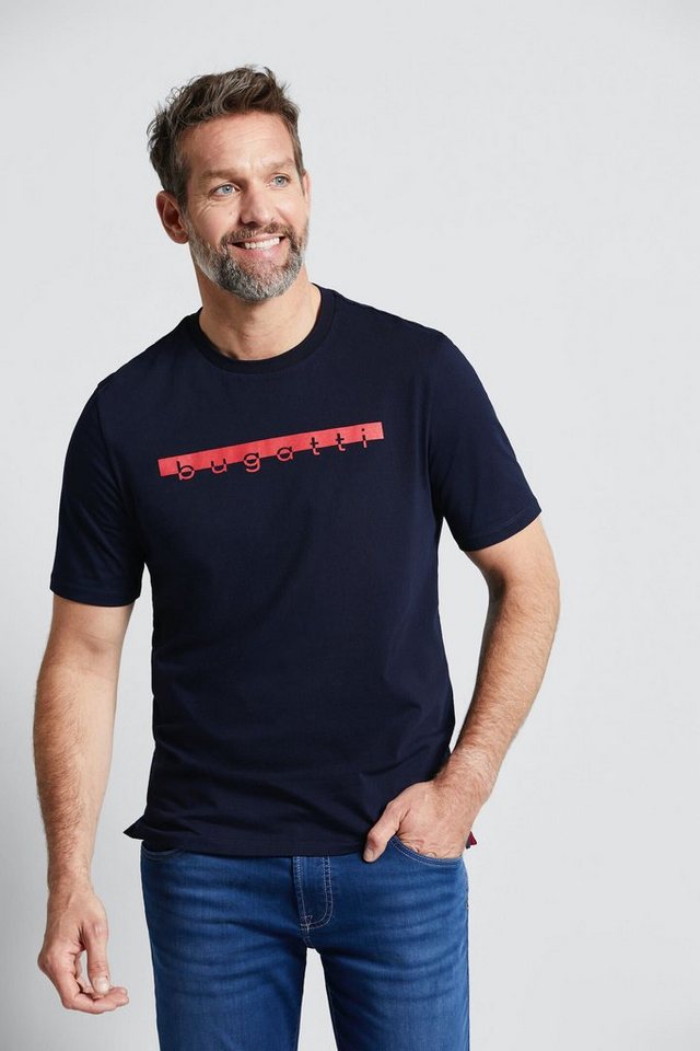 bugatti T-Shirt mit großem Logo-Print, Gerader Abschluss, Normaler Saum