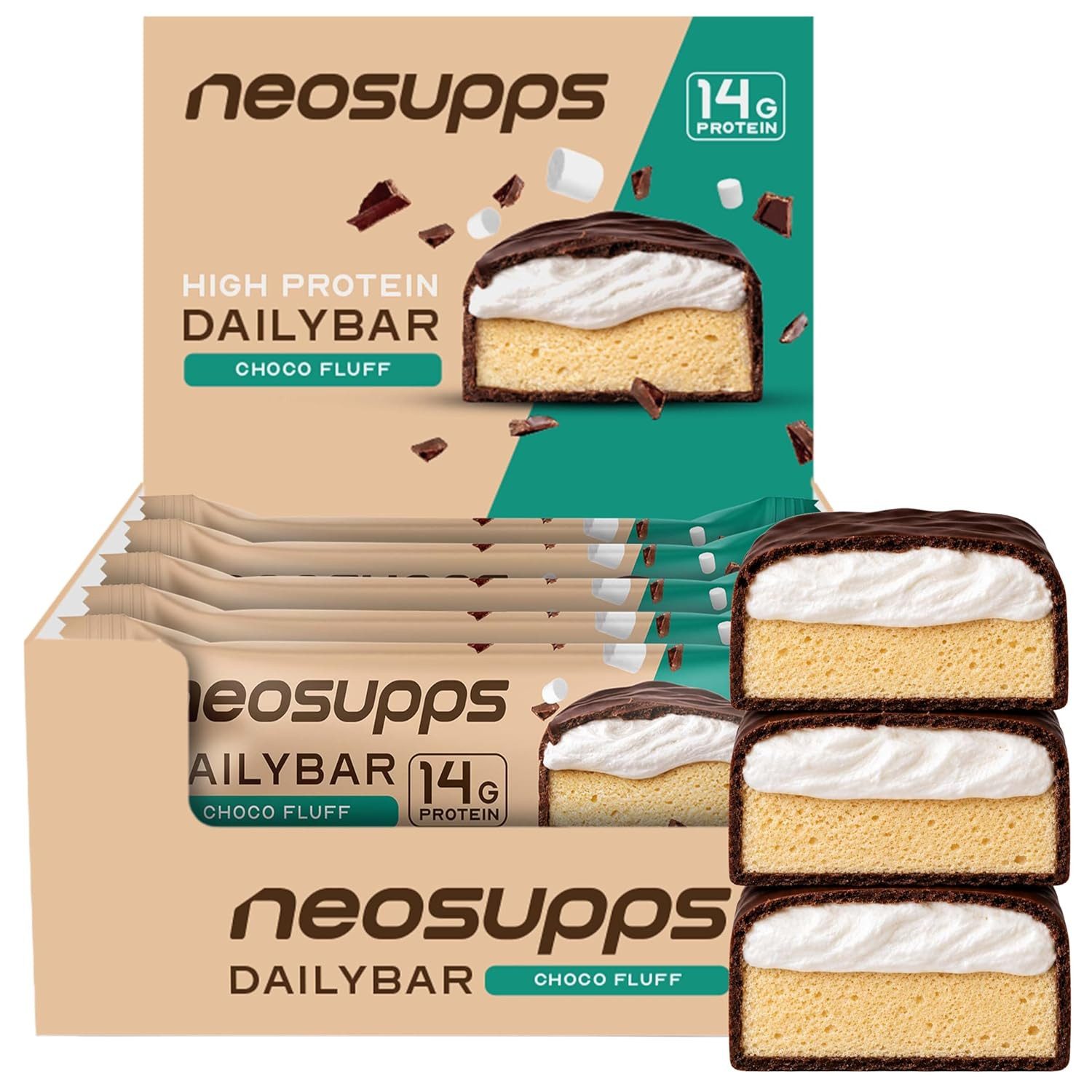 Neosupps Protein Bar Choco Fluff 12x50g, 14g Eiweiß & nur 0,9g Zucker Riegel, High Protein Schokokuss, luftige Schaumfüllung & Zartbitterschokolade