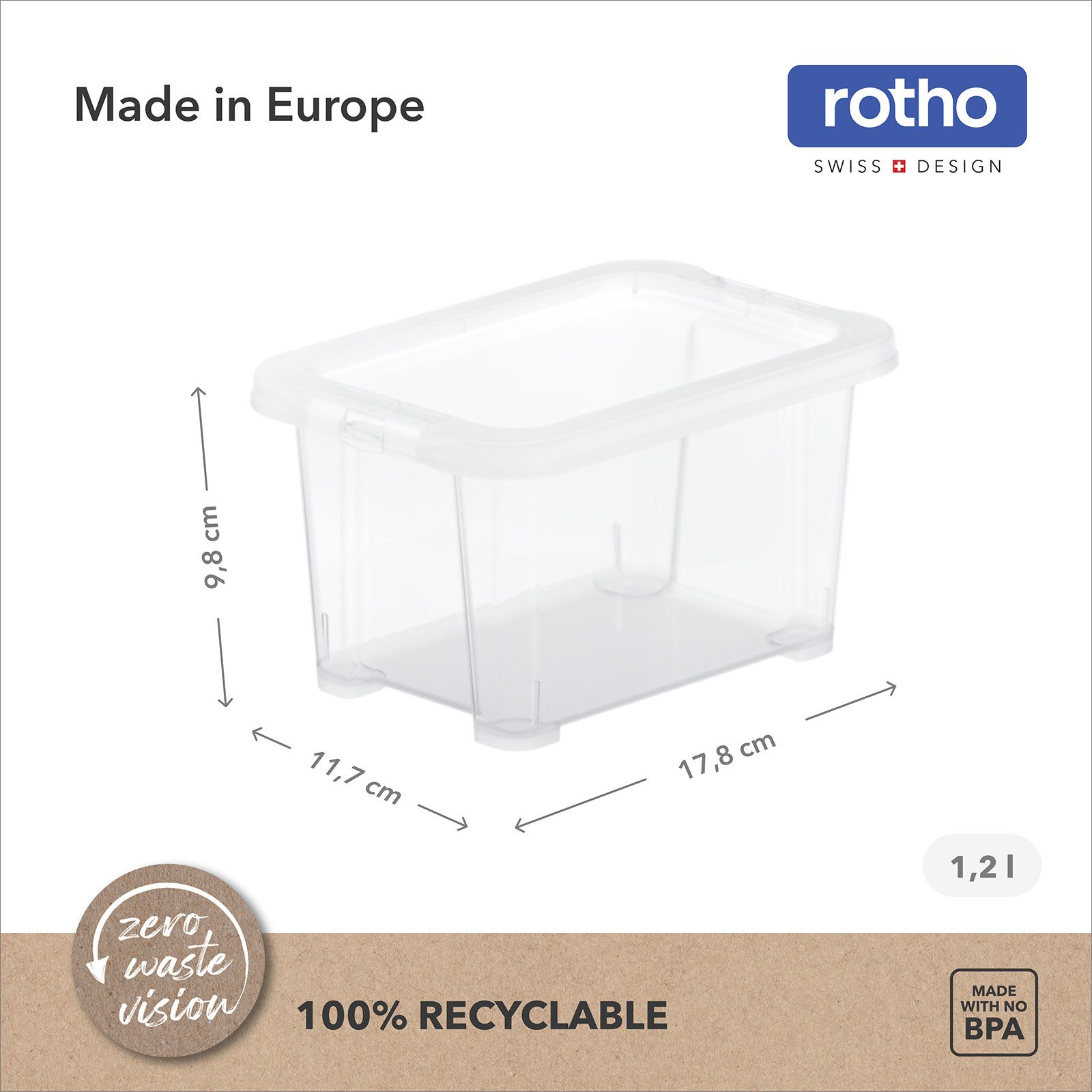 ROTHO Stapelbox 8er-Set CORE BASIC 1.2L stapelbar transparente Box mit Deckel (Sichtboxen-Set, 8er-Set), Mini Sortierbox ideal für Schrauben, Bürobedarf und Kleinteile