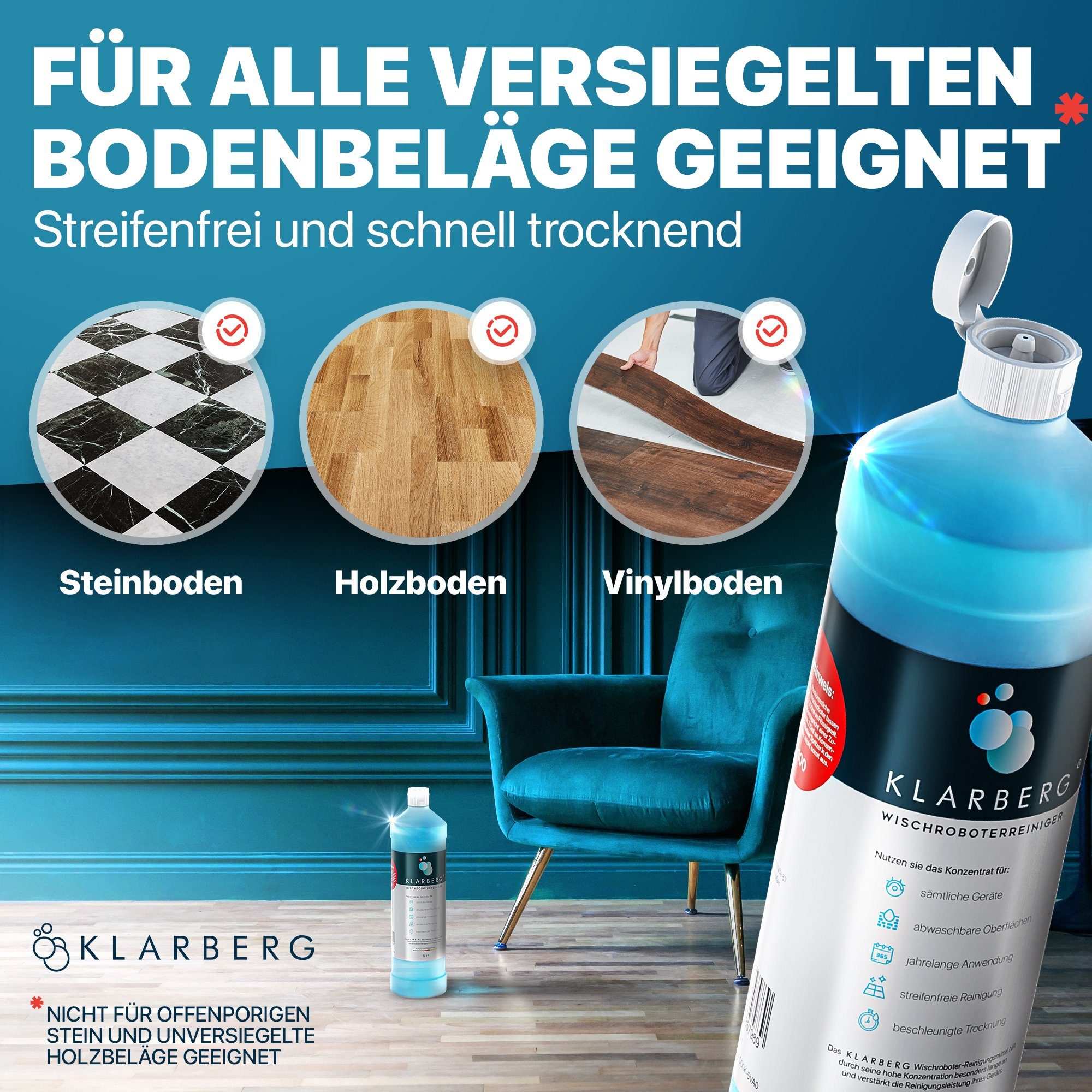 Klarberg Bodenreiniger Wischroboter Fussbodenreiniger (1-St. 332 Wischgänge bei Wassertank 600ml, 1332 Wischgänge bei 150ml)