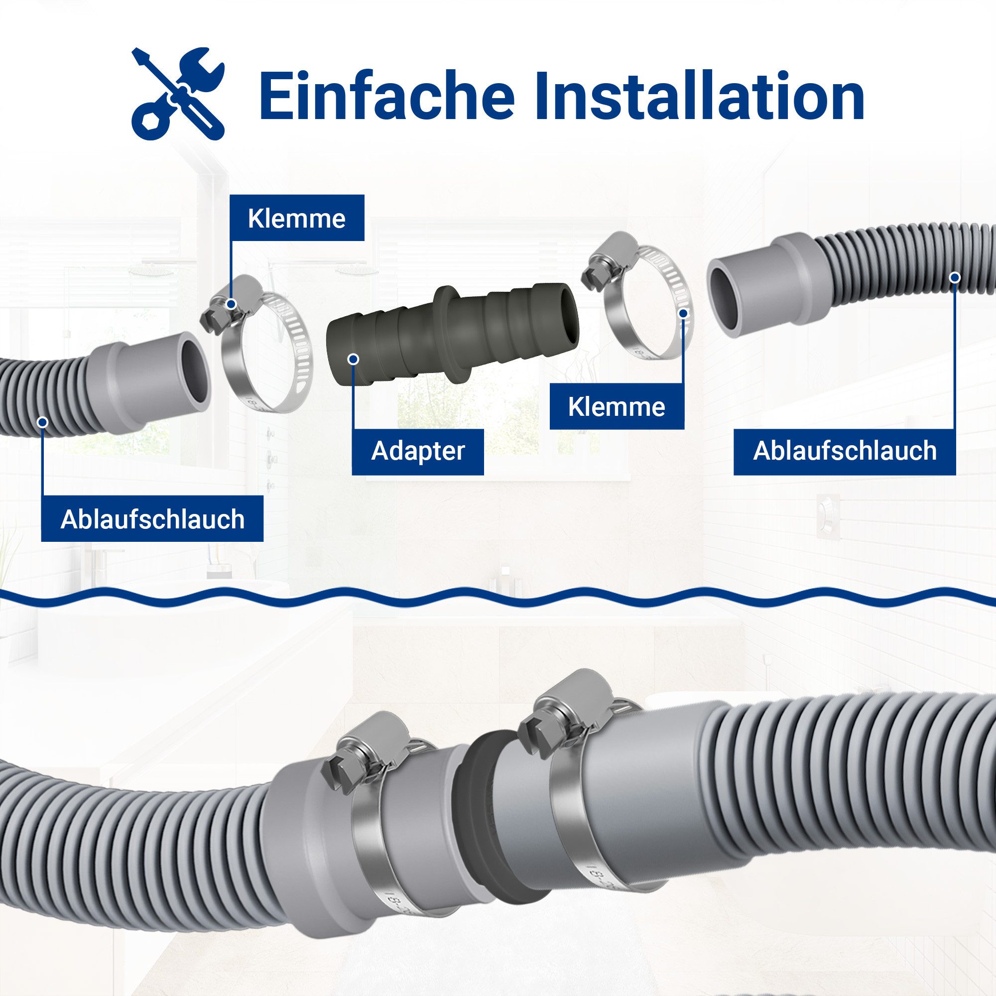 VIOKS Schlauchverbinder Verbindungsstück Ablauchschlauchverbinder, mit 2 Schlachschellen 18-28mm für Spül- und Waschmaschine