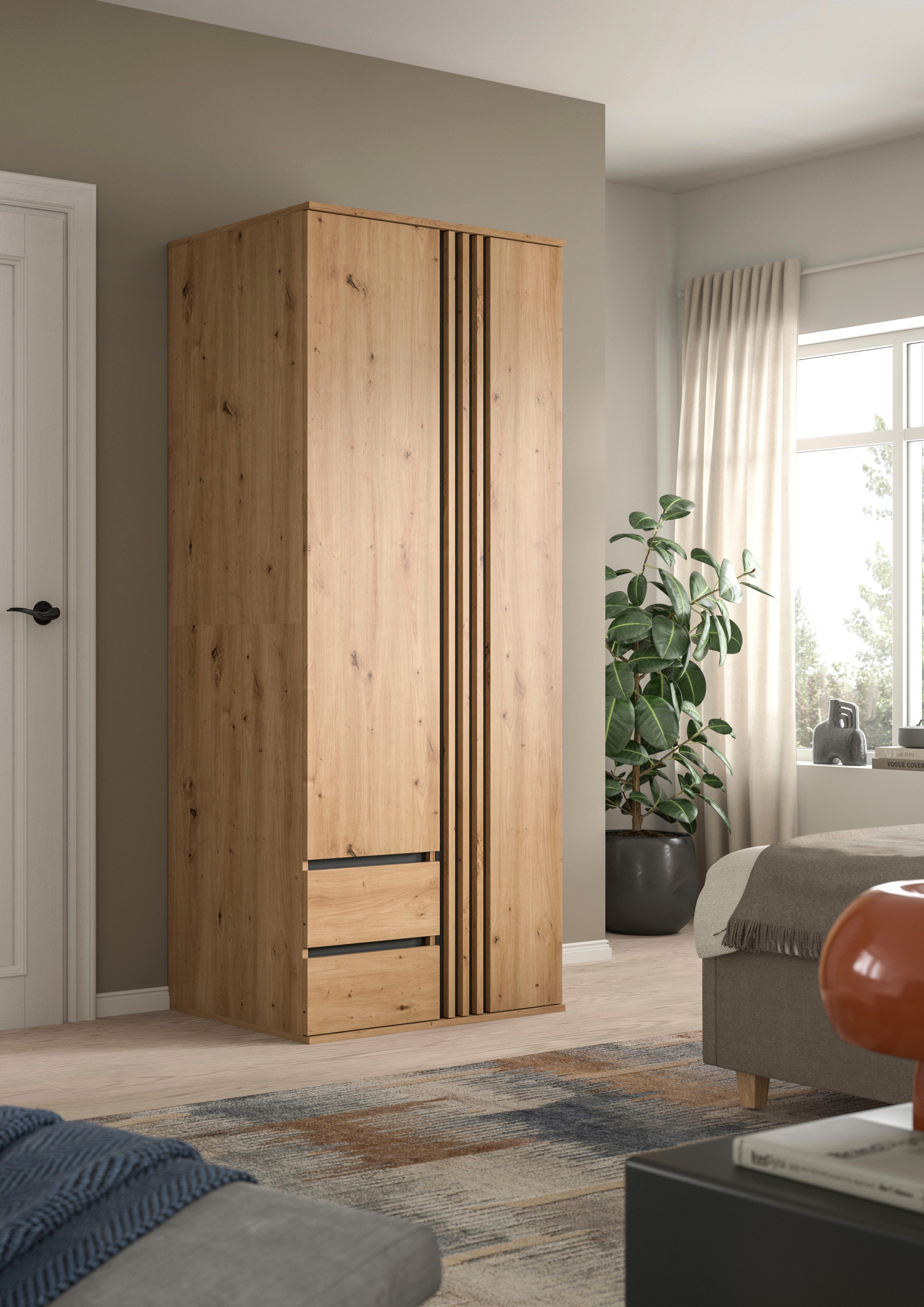 Home affaire Kleiderschrank ALVA, Breite 80 cm, mit griffloser Front in Paneeloptik, Schrank (Schlafzimmerschrank in weiteren Ausführungen erhältlich) 2 Türen, 2 Schubkästen, 2 Kleiderstangen, 4 Einlegeböden