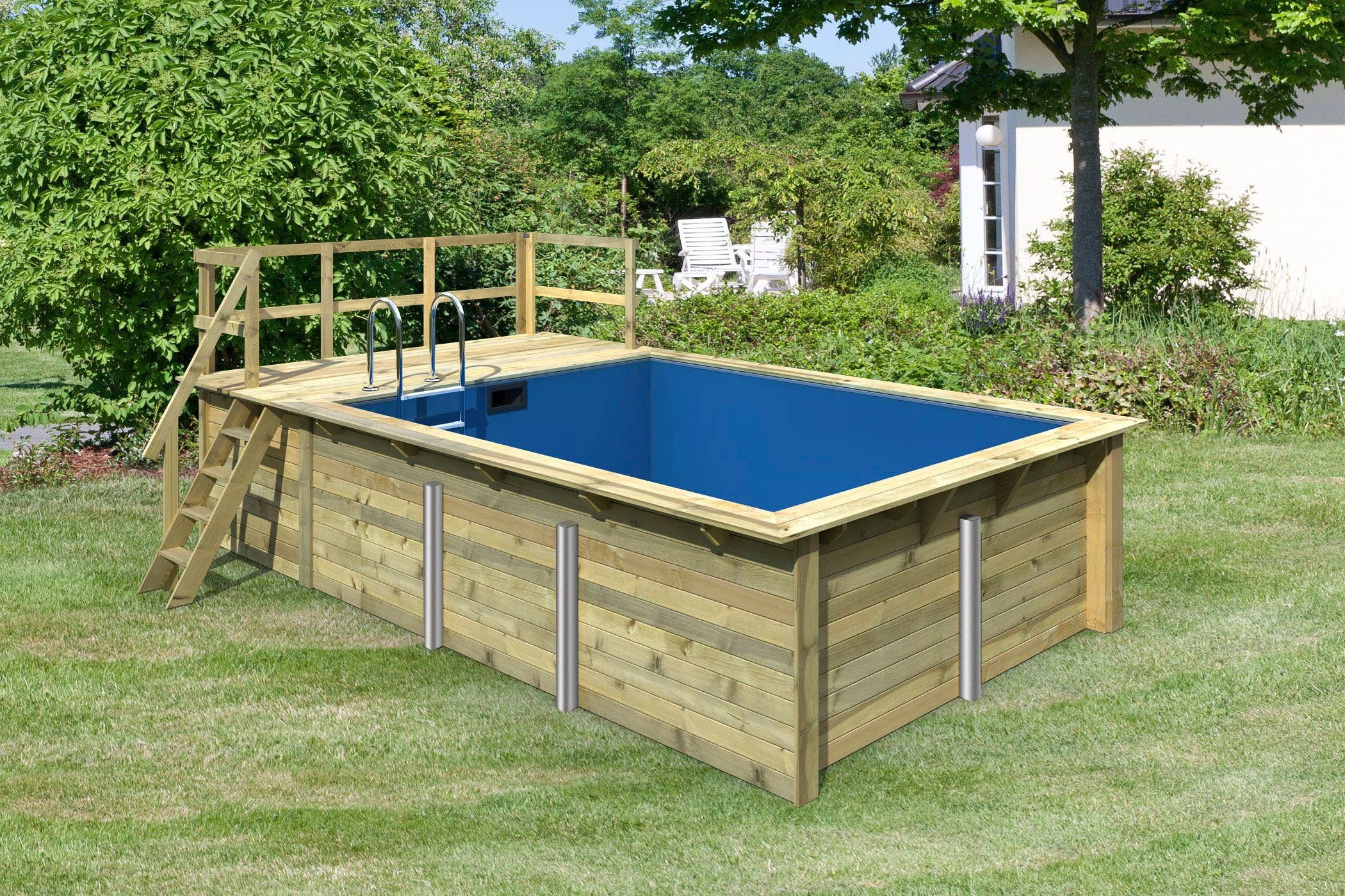 Karibu Rechteckpool Holzpool Roma A BxLxH: 353x400x124 cm mit Sonnendeck (Set), 44 mm starke kesseldruckimprägnierte Holzbohlen aus Fichtenholz