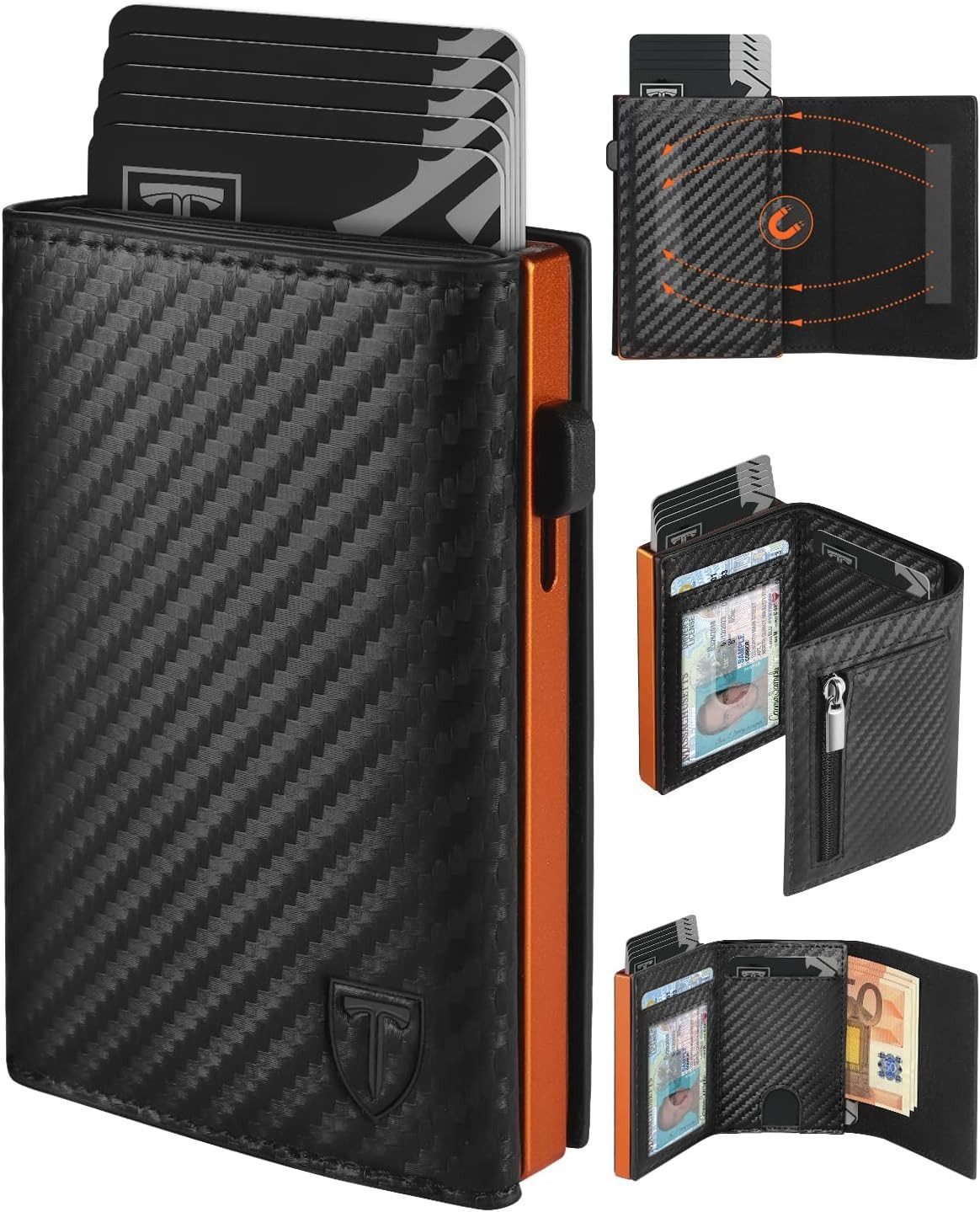 TEEHON Geldbörse Magnetischer Slim Wallet mit Münzfach&RFID Schutz&ID-Fenster (Leder Portmonee Geldbeutel kartenetui für Karten), kreditkartenetui Herren Klein - Kartenhalter Schwarz